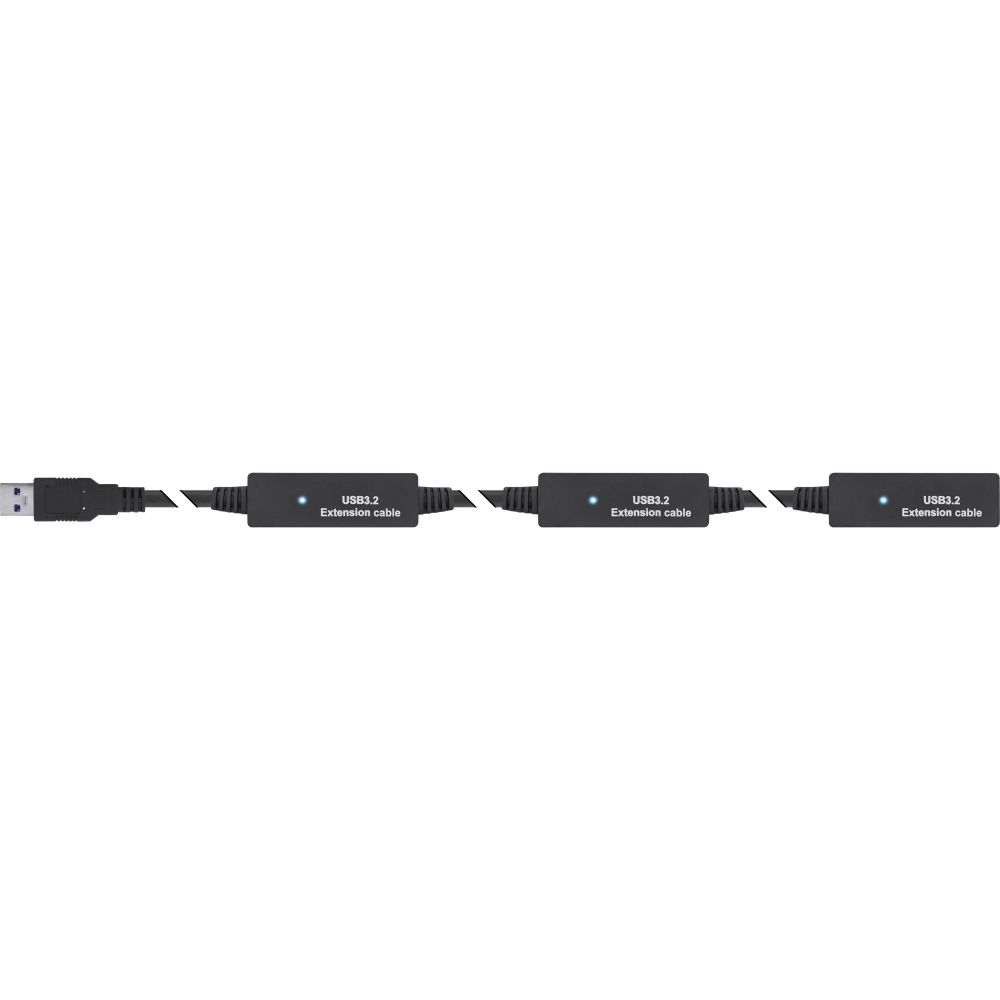 Een USB 3.2-verlengkabel, met drie zwarte connectoren en blauwe lampjes.