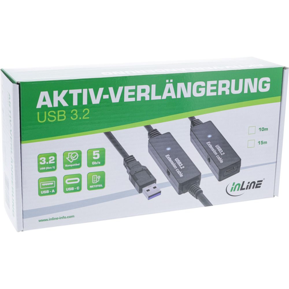 Doos met USB 3.2 verlengkabels. Tekst: AKTIV-VERLÄNGERUNG USB 3.2. Witte achtergrond.