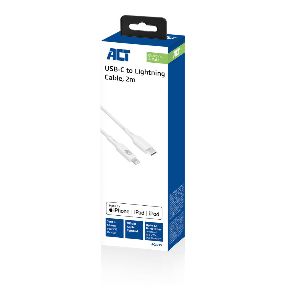 Een witte USB-C naar Lightning-kabel in de verpakking, met een blauw en wit ontwerp.