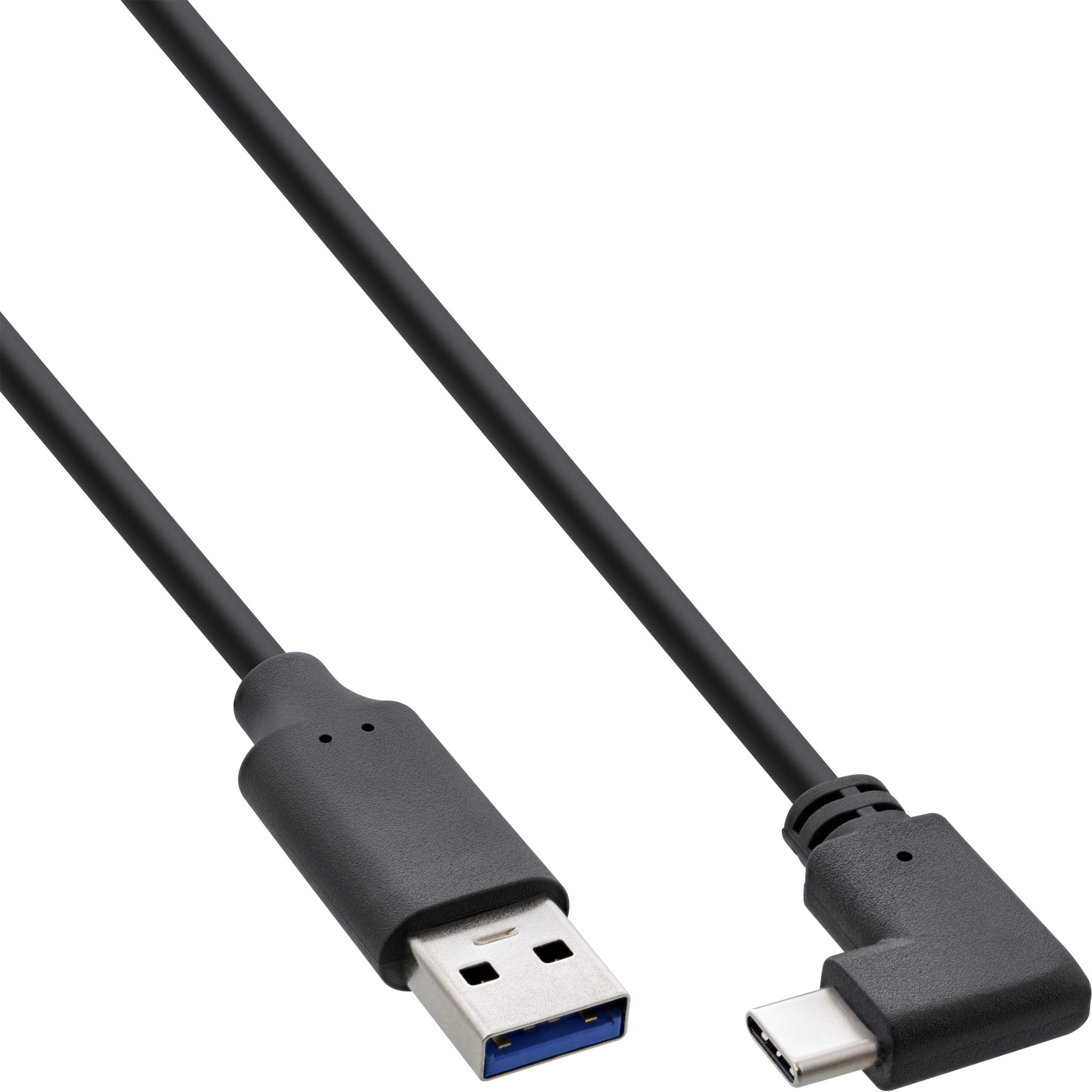 Cavo USB nero con connettore blu ed estremità USB-C. Sfondo bianco.
