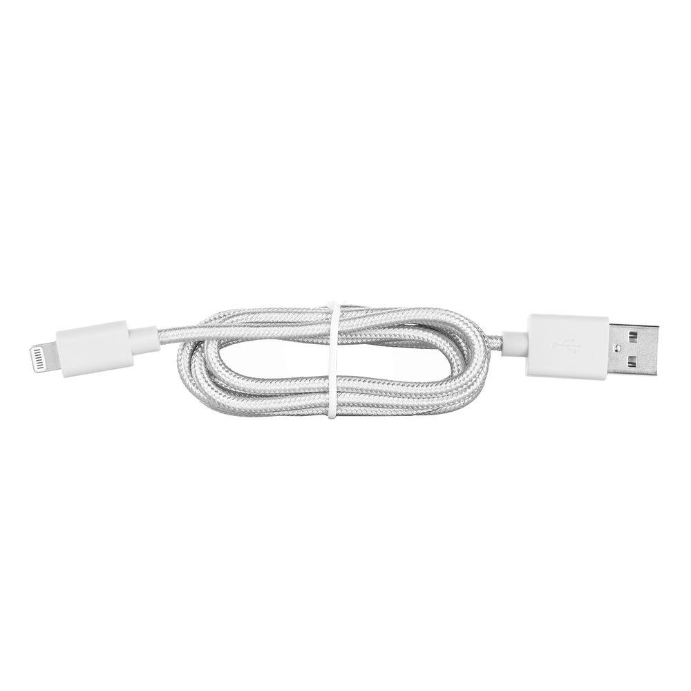 Witte Lightning-kabel, opgerold. Beide uiteinden worden getoond. Witte achtergrond.