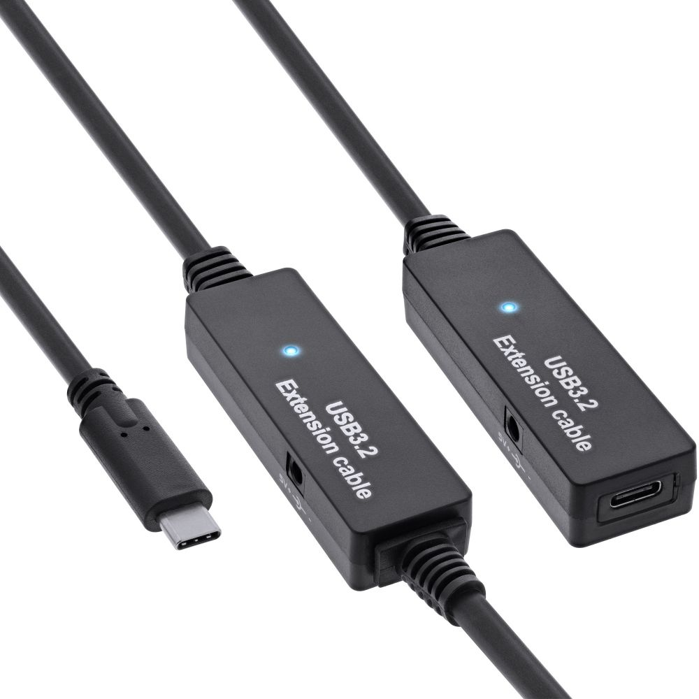 Cavo di prolunga USB nero con due porte e connettore USB-C.