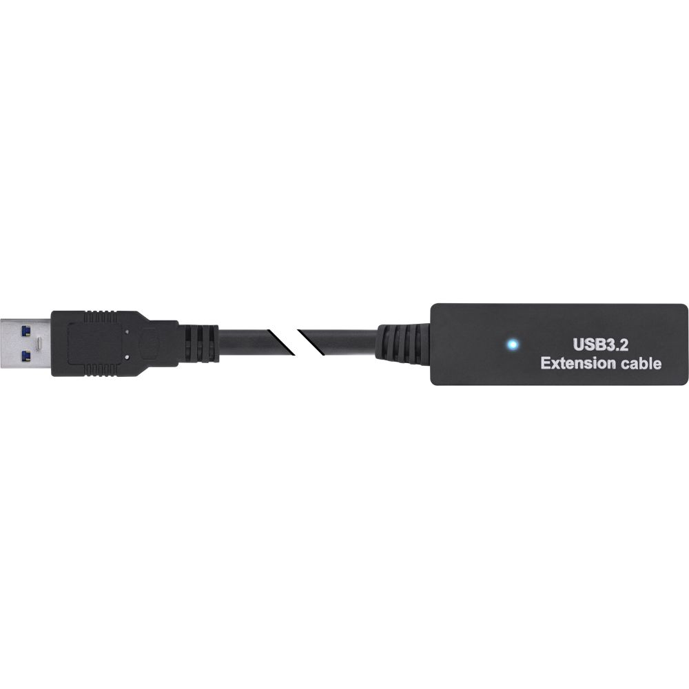 Zwarte USB 3.2 verlengkabel met een zwart blok. Witte achtergrond.