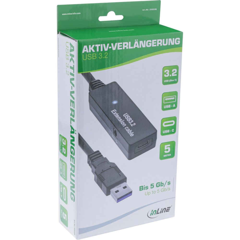 Doos met USB 3.2 verlengkabel. Tekst: AKTIV-VERLÄNGERUNG USB 3.2. Witte achtergrond.