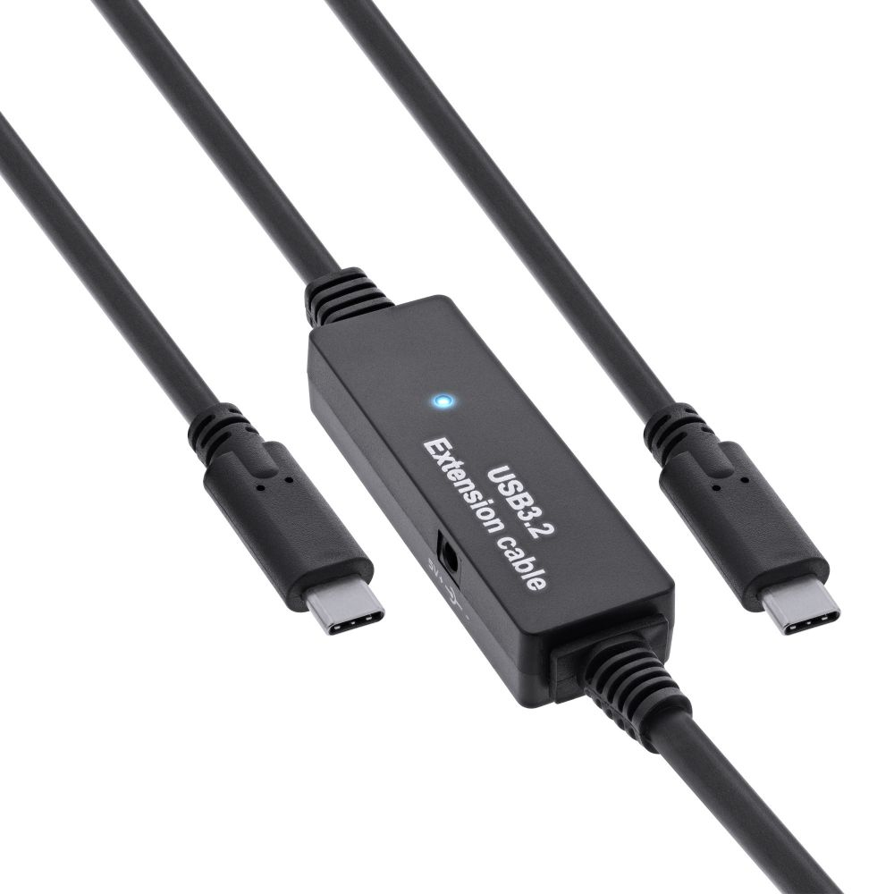 Czarny przedłużacz USB 3.2 z trzema złączami. Centralny adapter z niebieskim światłem.