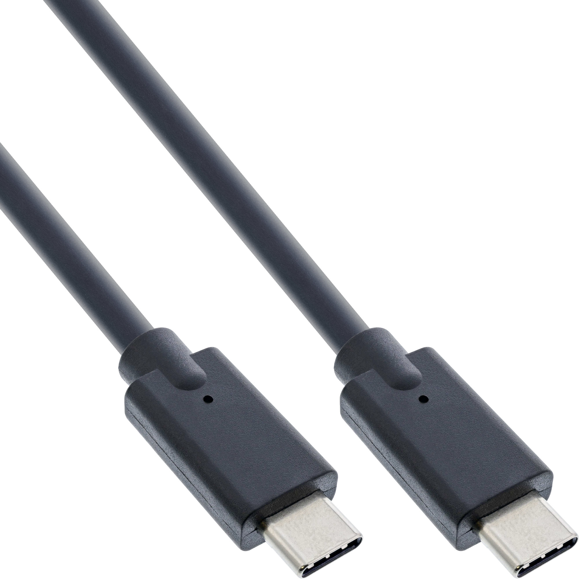 Deux câbles USB-C noirs avec des connecteurs aux deux extrémités, placés sur fond blanc.