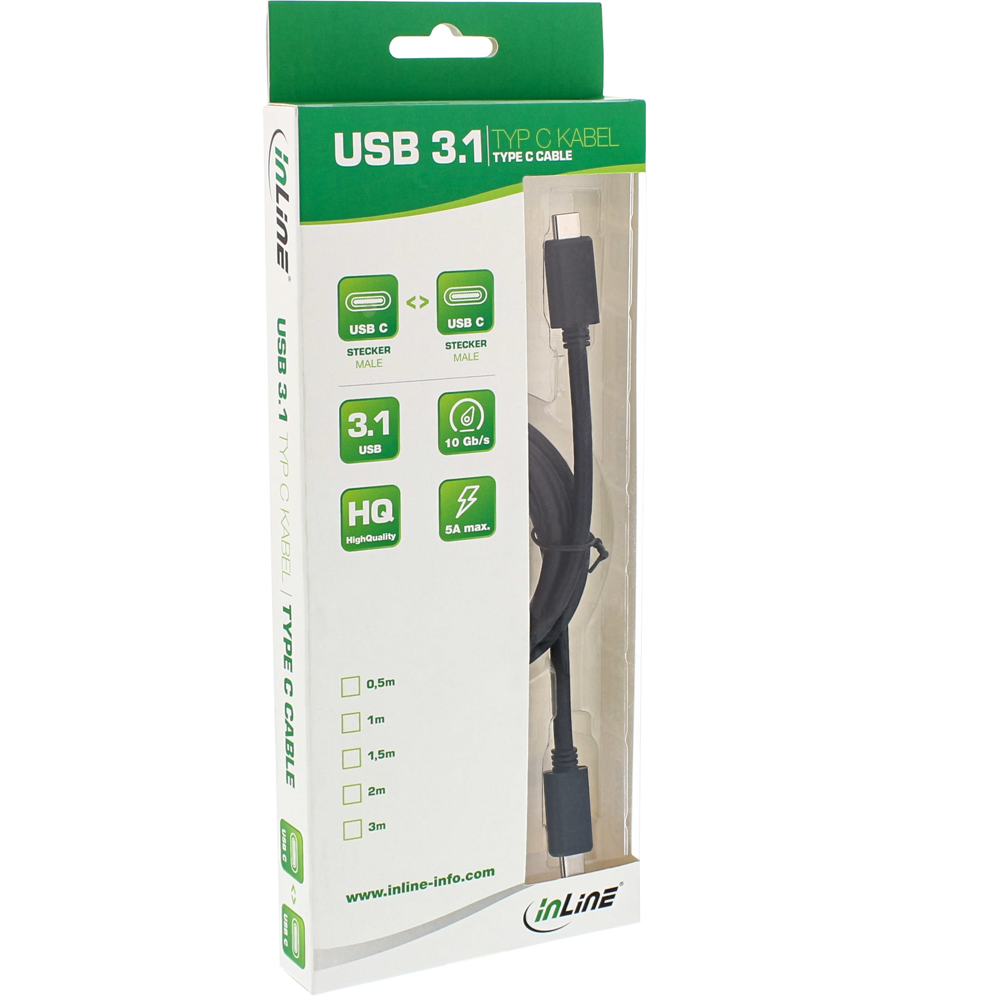 Un cavo USB 3.1 tipo C con cavo e connettori neri, confezionato in una scatola bianca e verde.