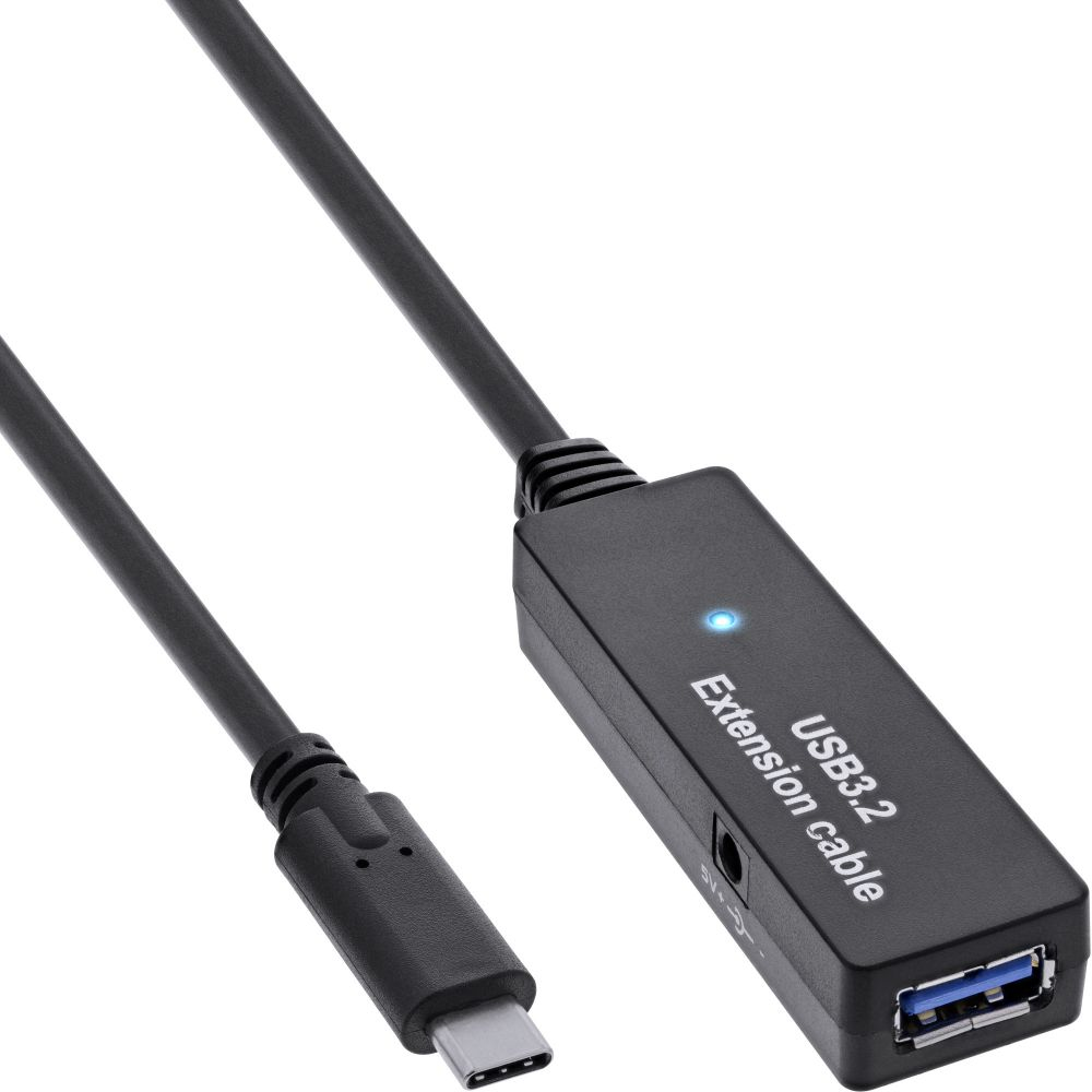 Zwarte USB-verlengkabel met een USB-A en een USB-C connector.