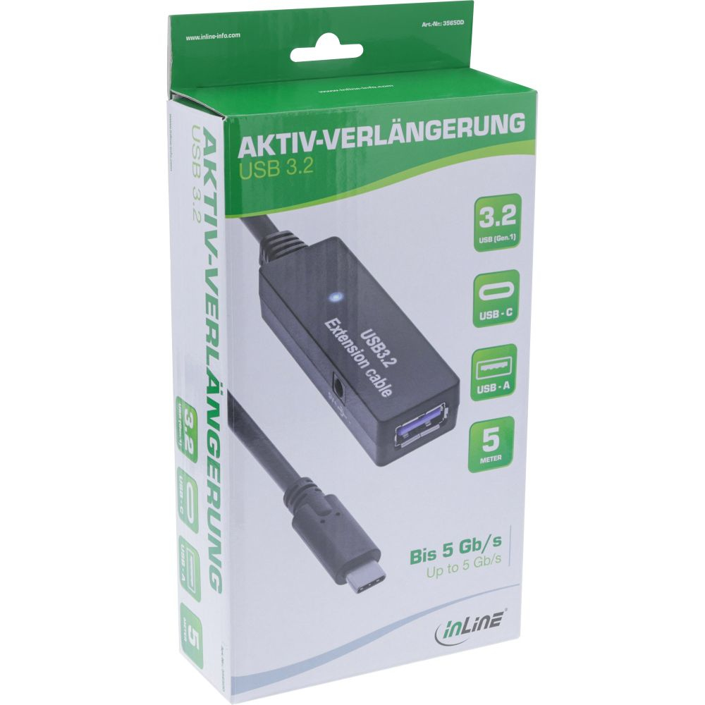 Een doos voor een verlengkabel. De doos is groen en zwart. Toont verlengkabel met USB 3.2.