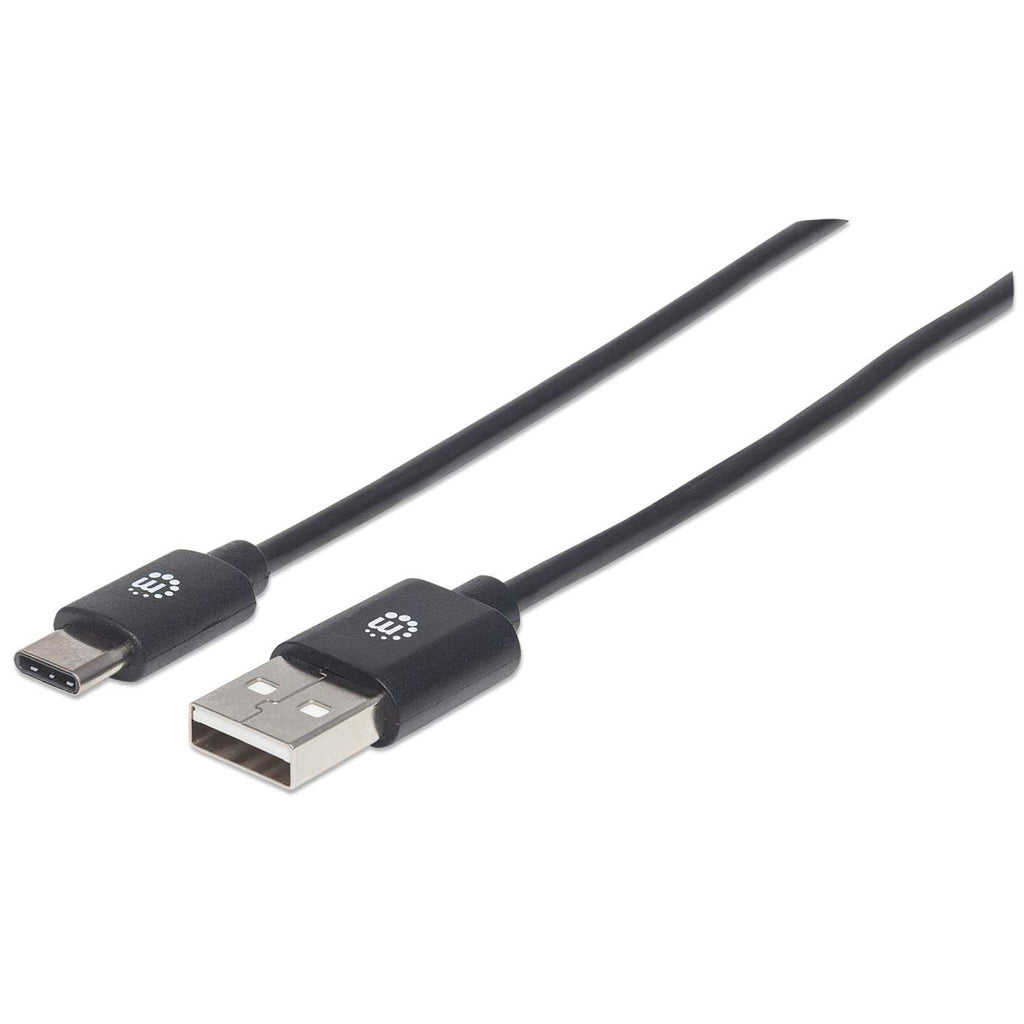 Cavo da USB-C a USB-A nero. Il connettore ha il logo. Il cavo è su sfondo bianco.