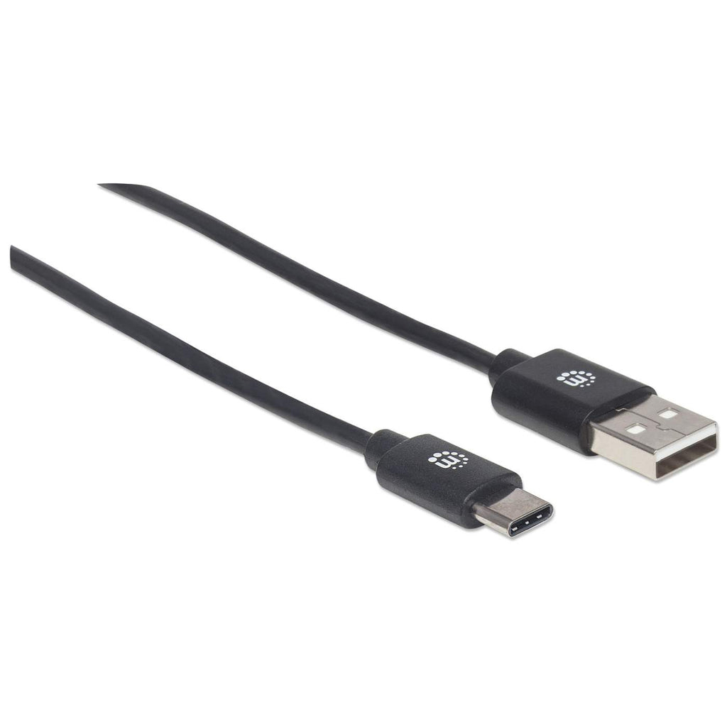 Cavo da USB-A a USB-C nero. I connettori hanno un logo. Il cavo è su sfondo bianco.