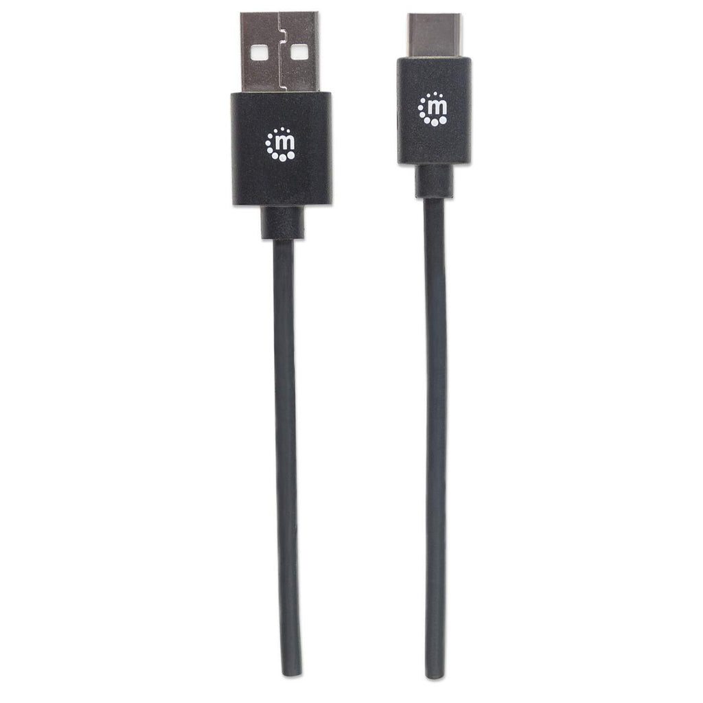 Due cavi USB neri con connettori USB-A e USB-C. Il cavo ha un logo. Sfondo bianco.