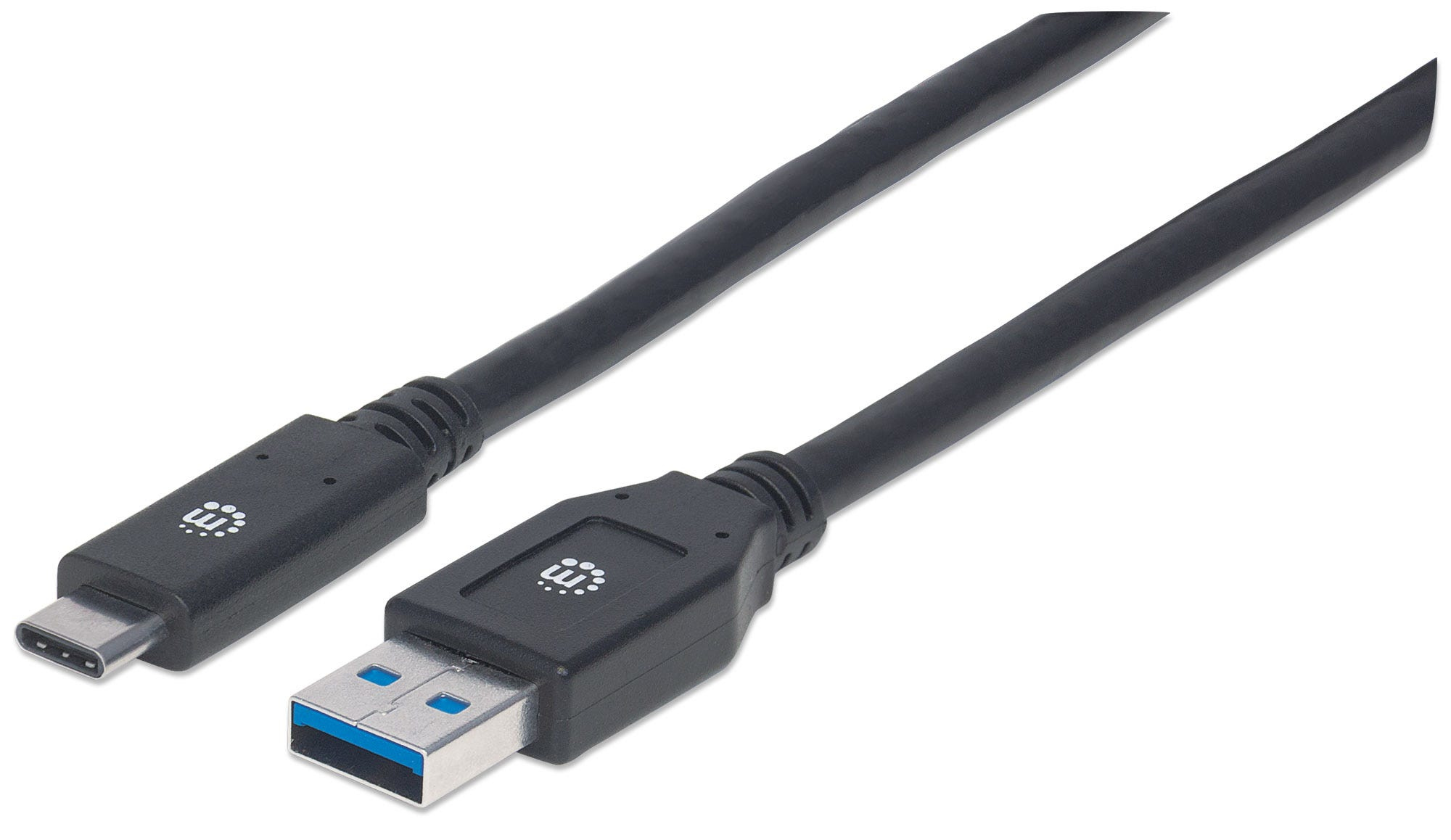 Cavo da USB-C a USB-A nero. I connettori hanno un logo. Sfondo bianco.