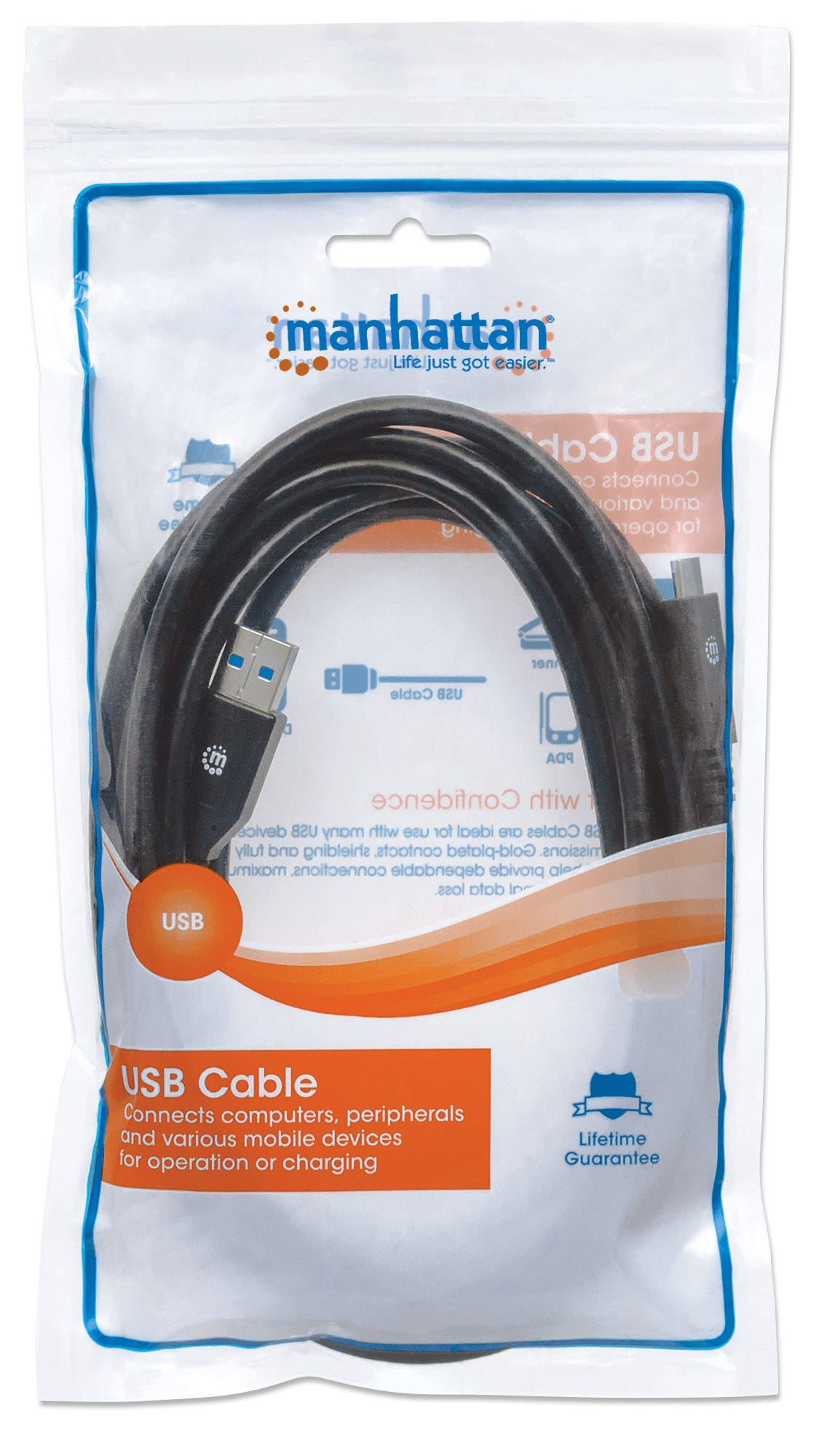 Cavo USB nero in confezione trasparente. Il marchio è Manhattan.