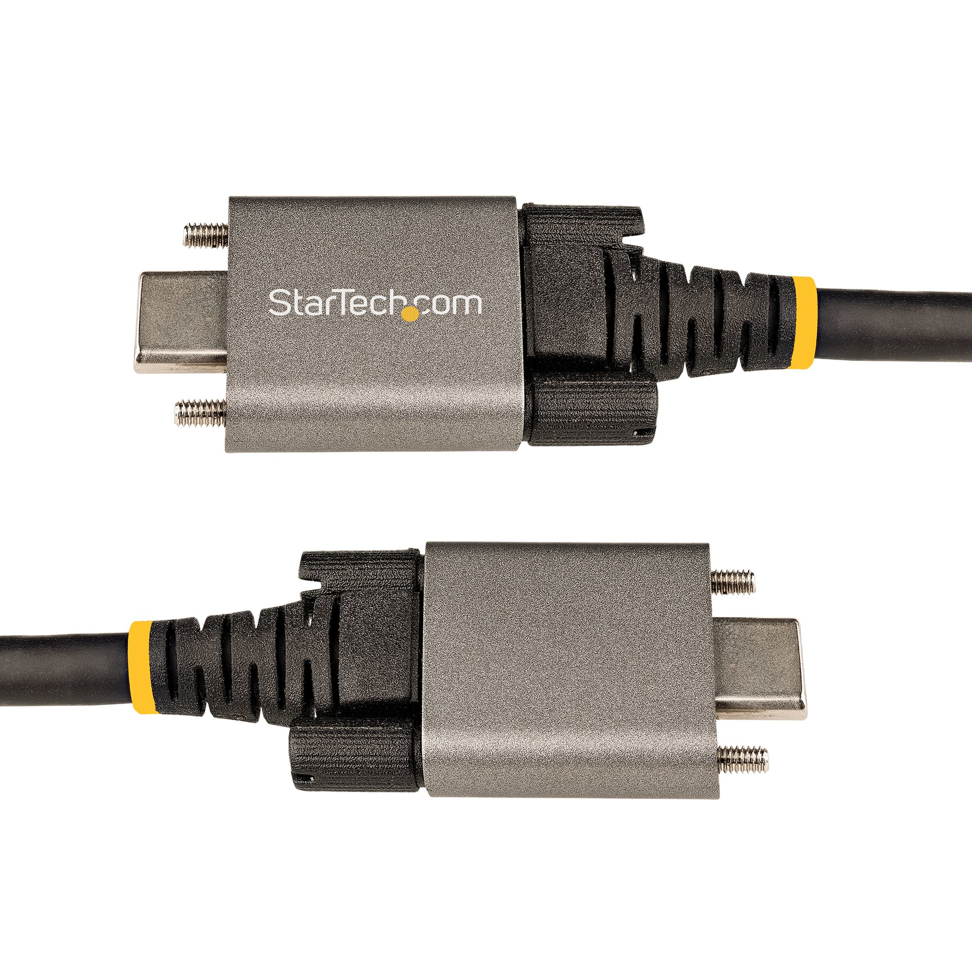 Cables grises USB-C a USB-A. Dos extremos de cable con conectores y detalles amarillos.