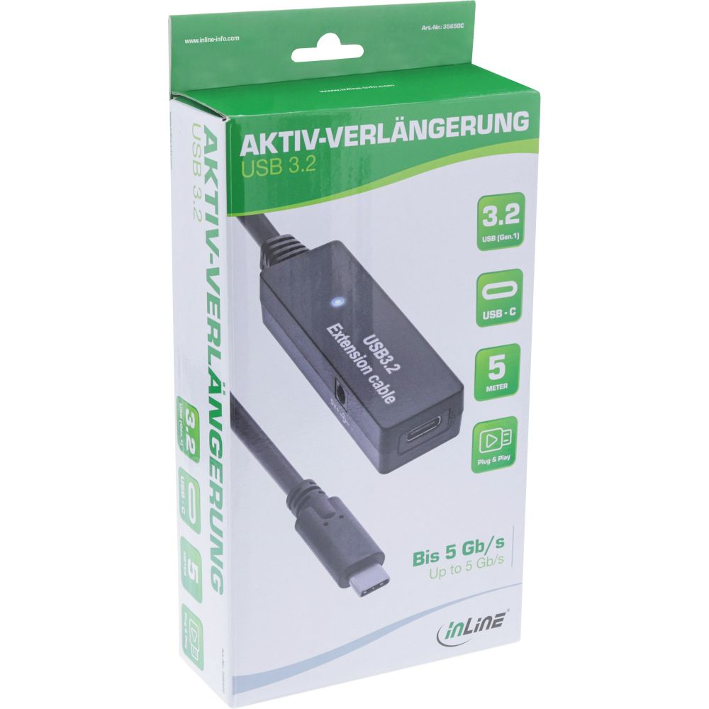 Cavo di prolunga USB 3.2 in scatola. La scatola è bianca e verde, con il cavo visibile.