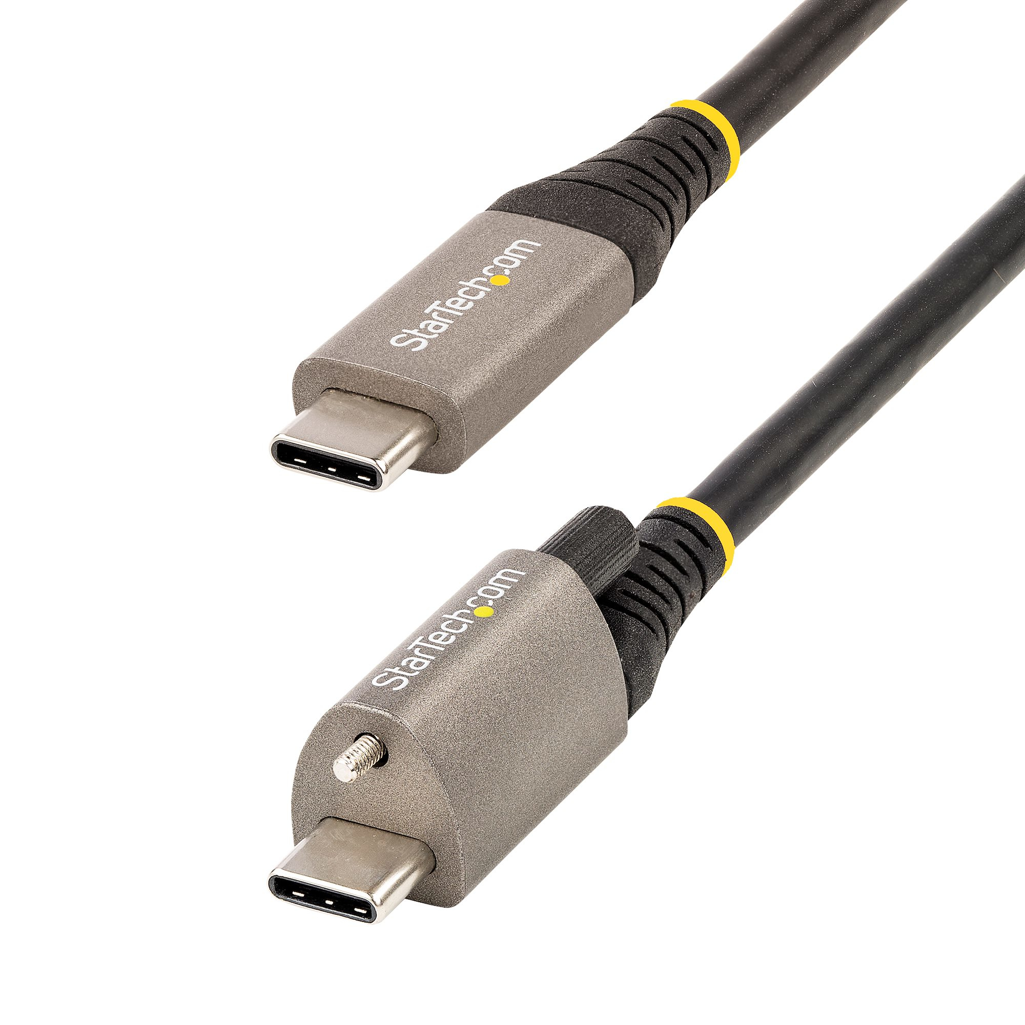 Dos cables USB-C, conectores grises, cables negros, acentos amarillos, sobre fondo blanco.