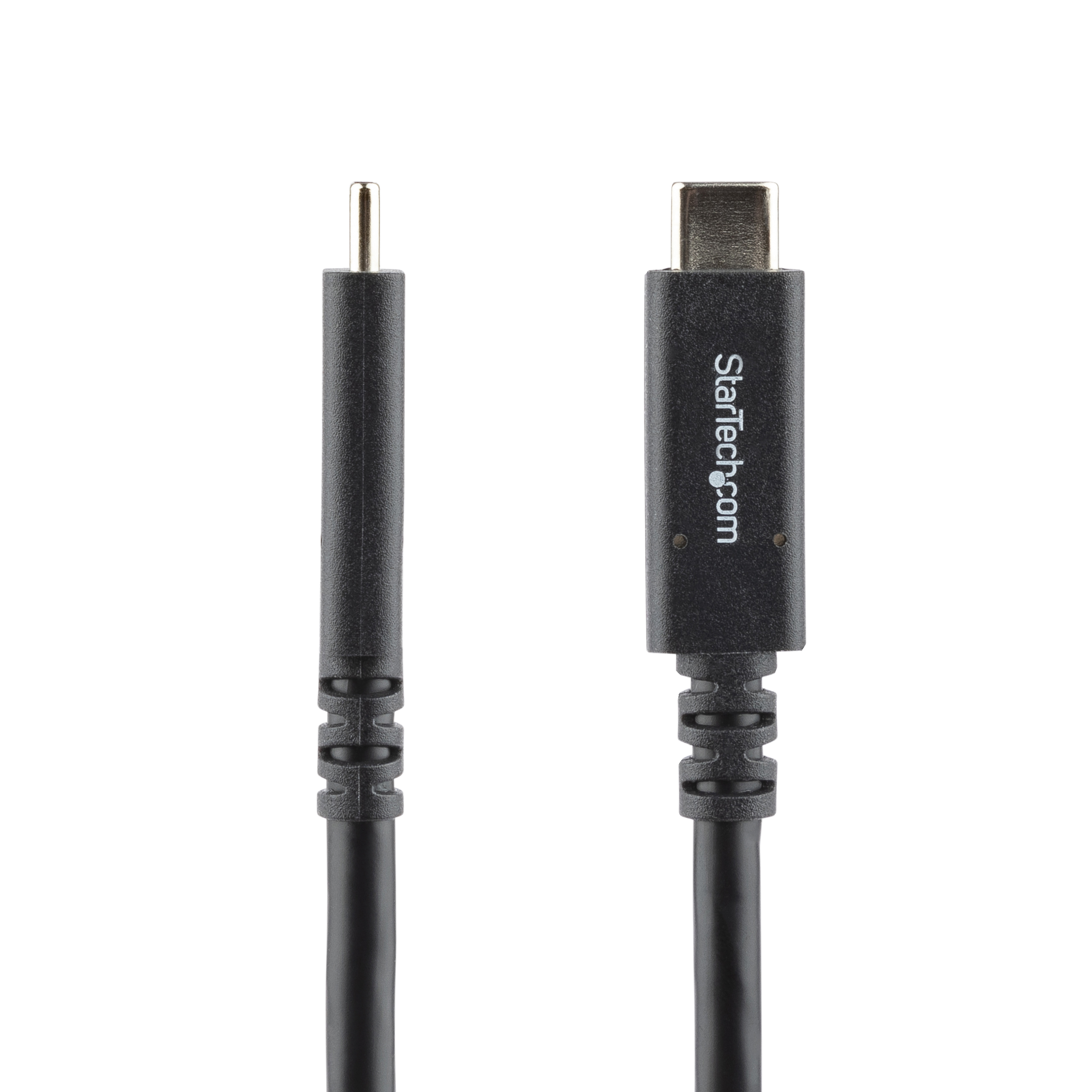Two black USB-C cables on a white background, one with a connector.