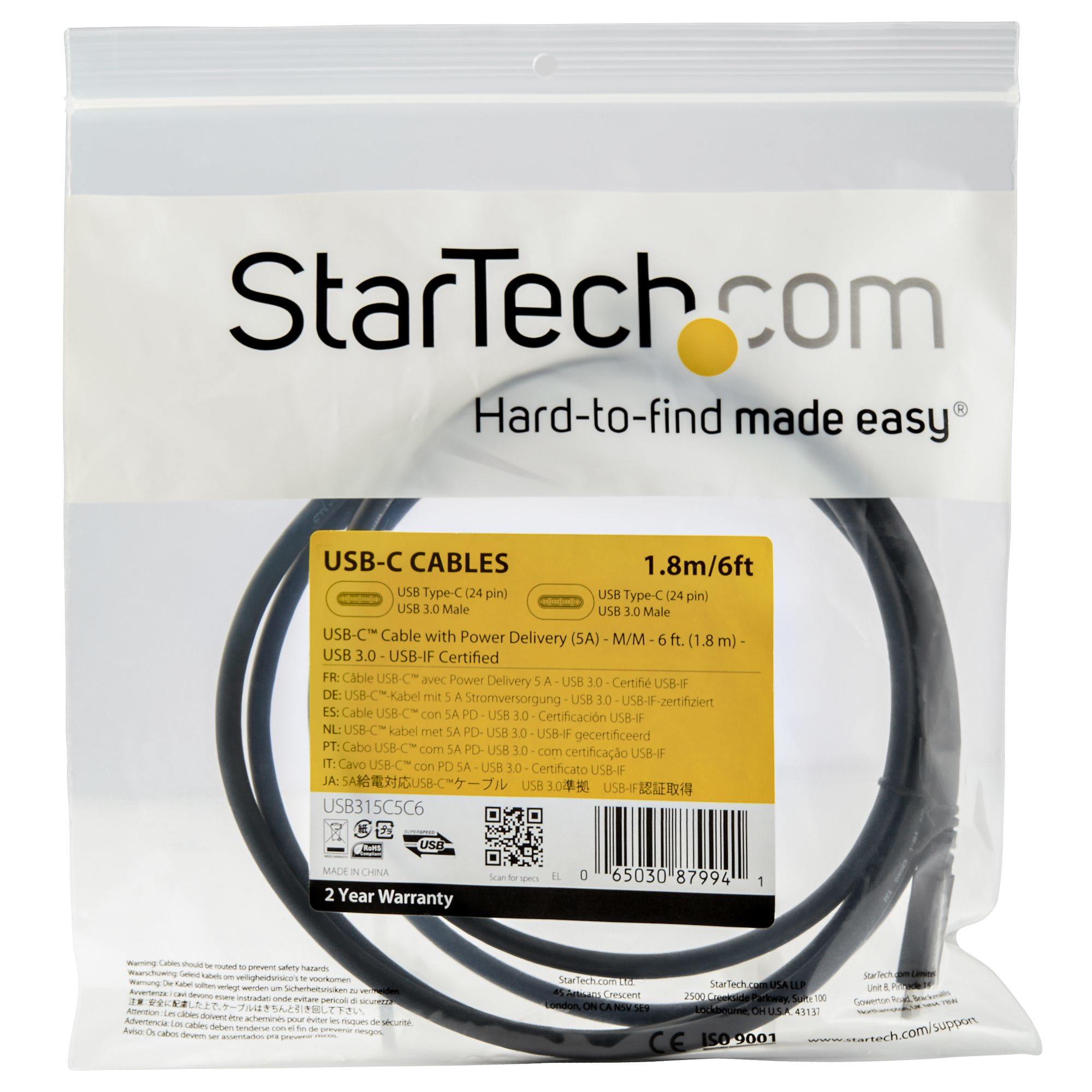 StarTech USB-C cable package. Clear plastic.  White text.  Black cable inside.  White background.