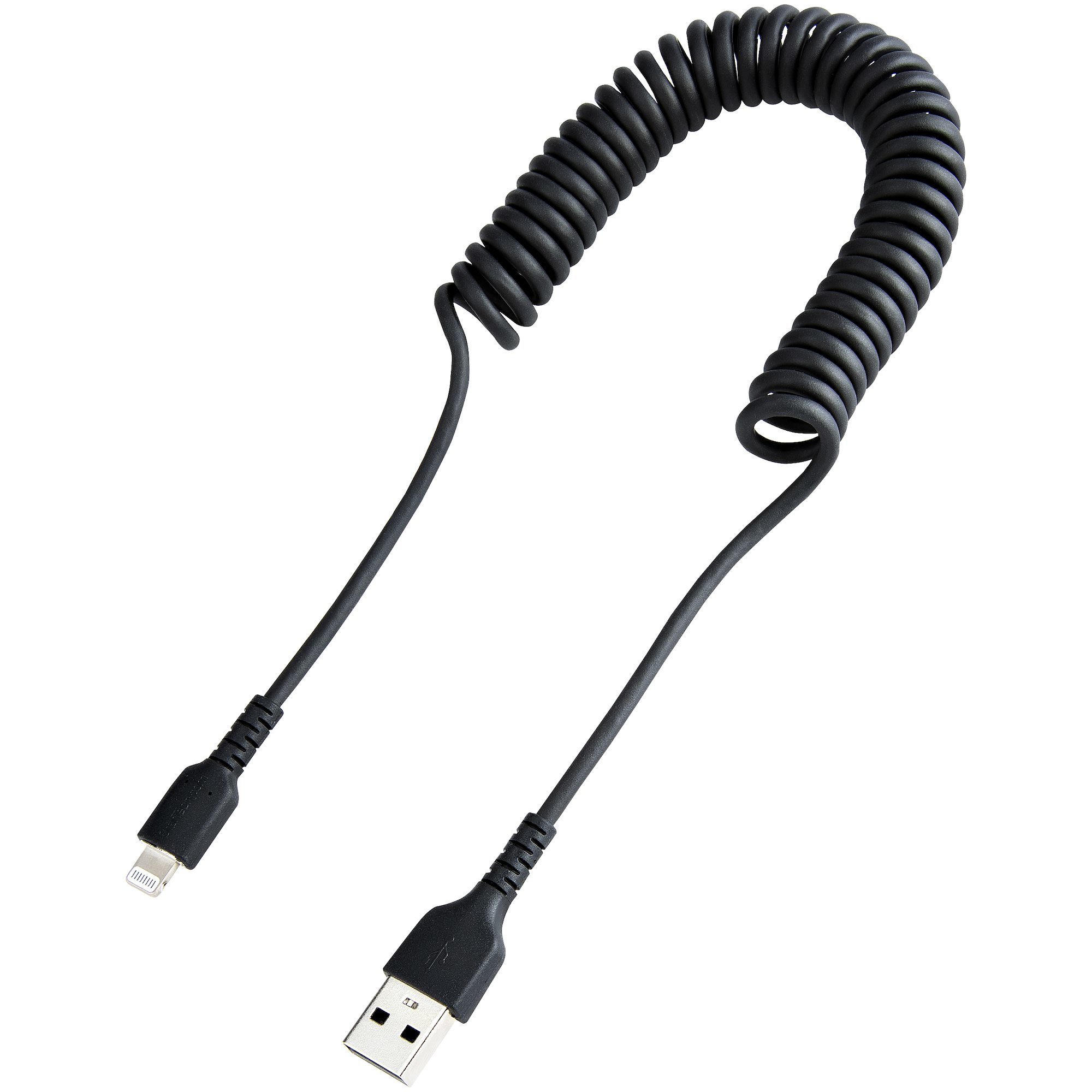 Cavo di ricarica nero, a spirale, con connettori USB e lightning.