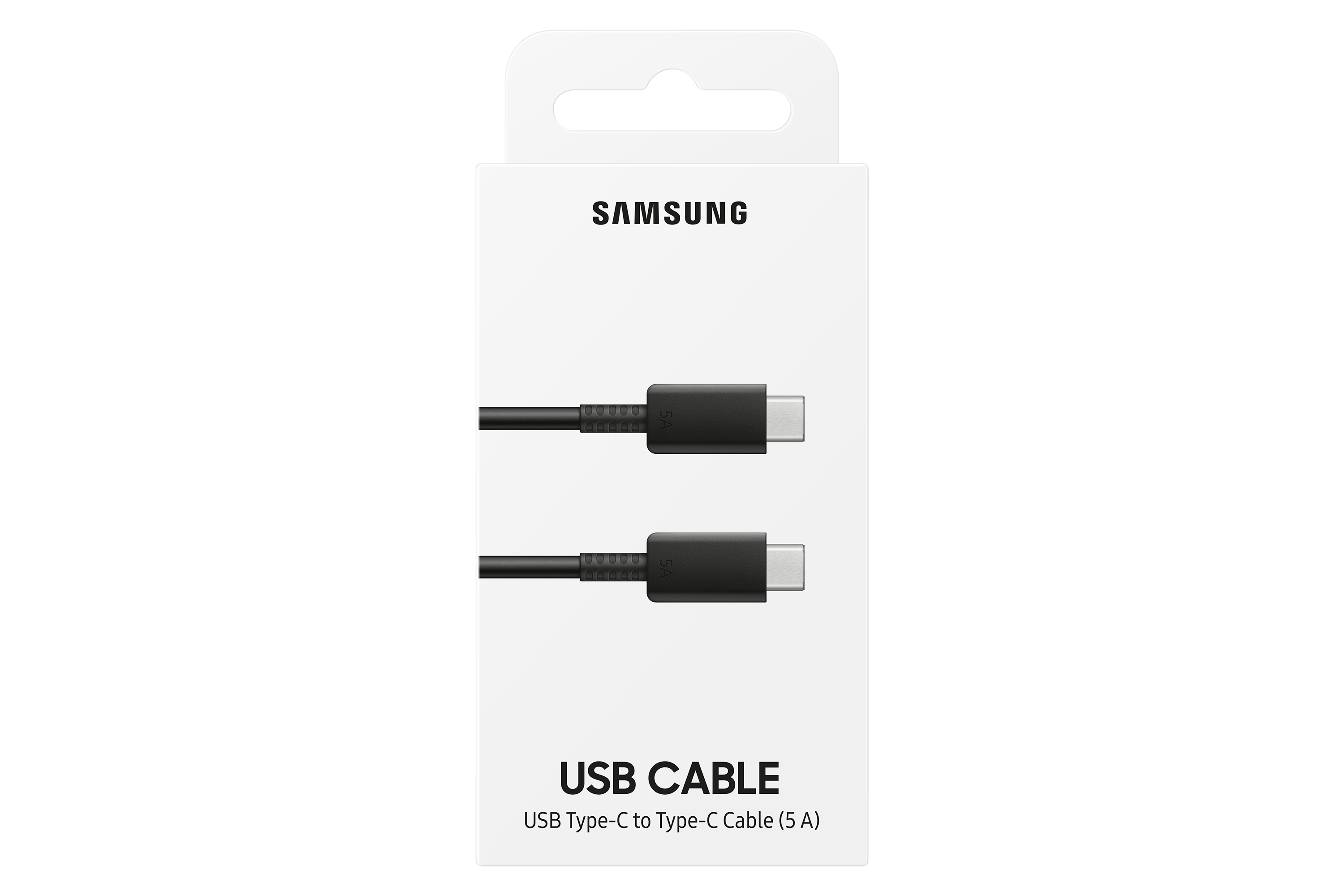 Black USB-C to USB-C cable in a white package.