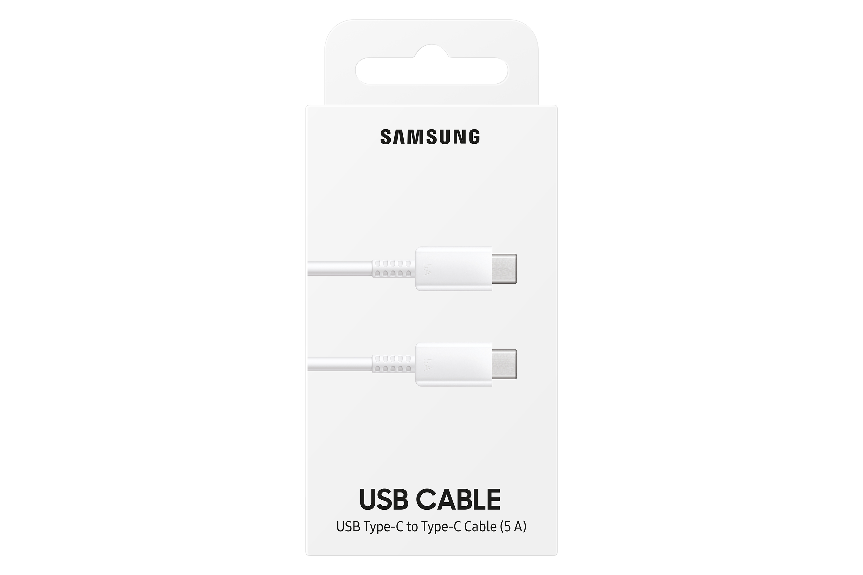 White USB cable in a white package with the Samsung logo. White background.