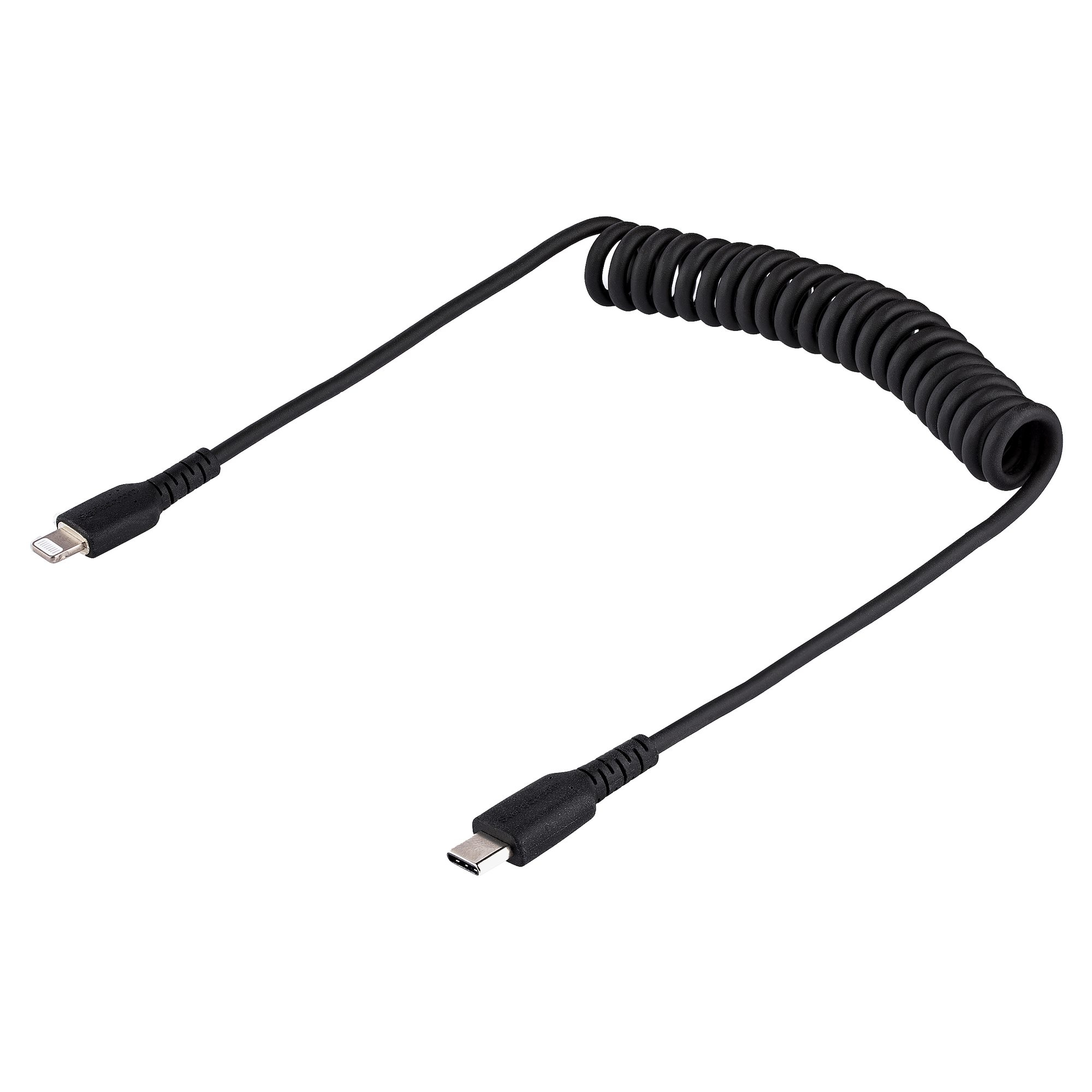 Cavo a spirale nero con connettore Lightning e USB-C a ciascuna estremità.