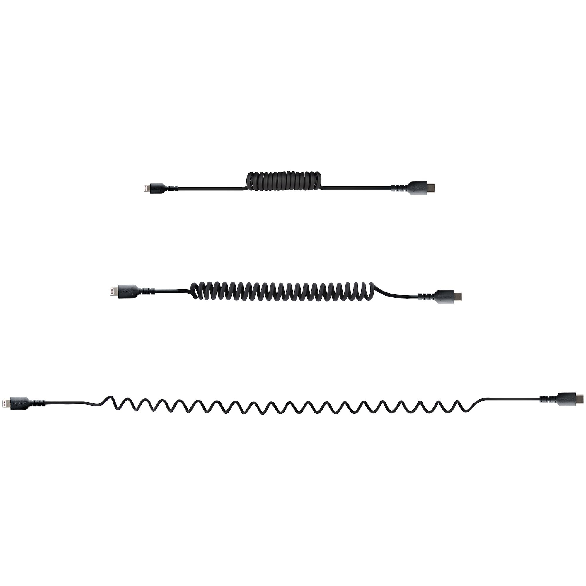 Tre cavi neri a spirale di diverse lunghezze, su sfondo bianco. Connettori USB e Lightning.