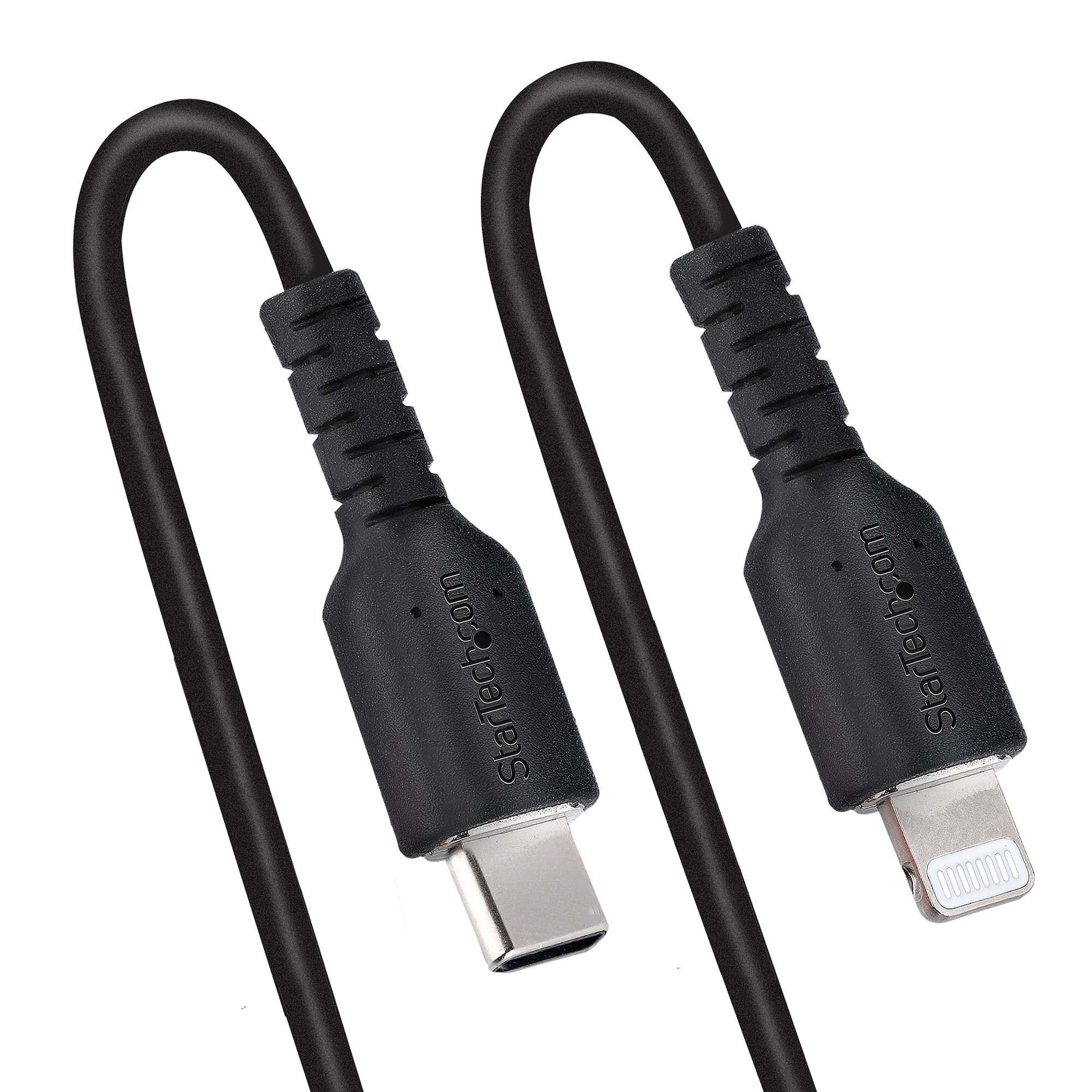 Cavo nero con connettori USB-C e Lightning. Etichetta: Startech.com.