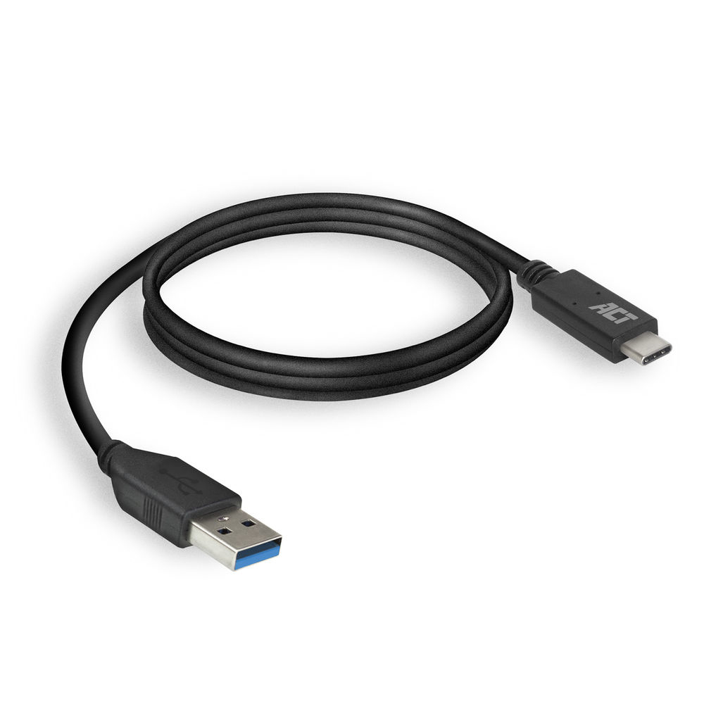 Zwarte USB-C-kabel op witte achtergrond. Eén uiteinde is USB, de andere is USB-C.