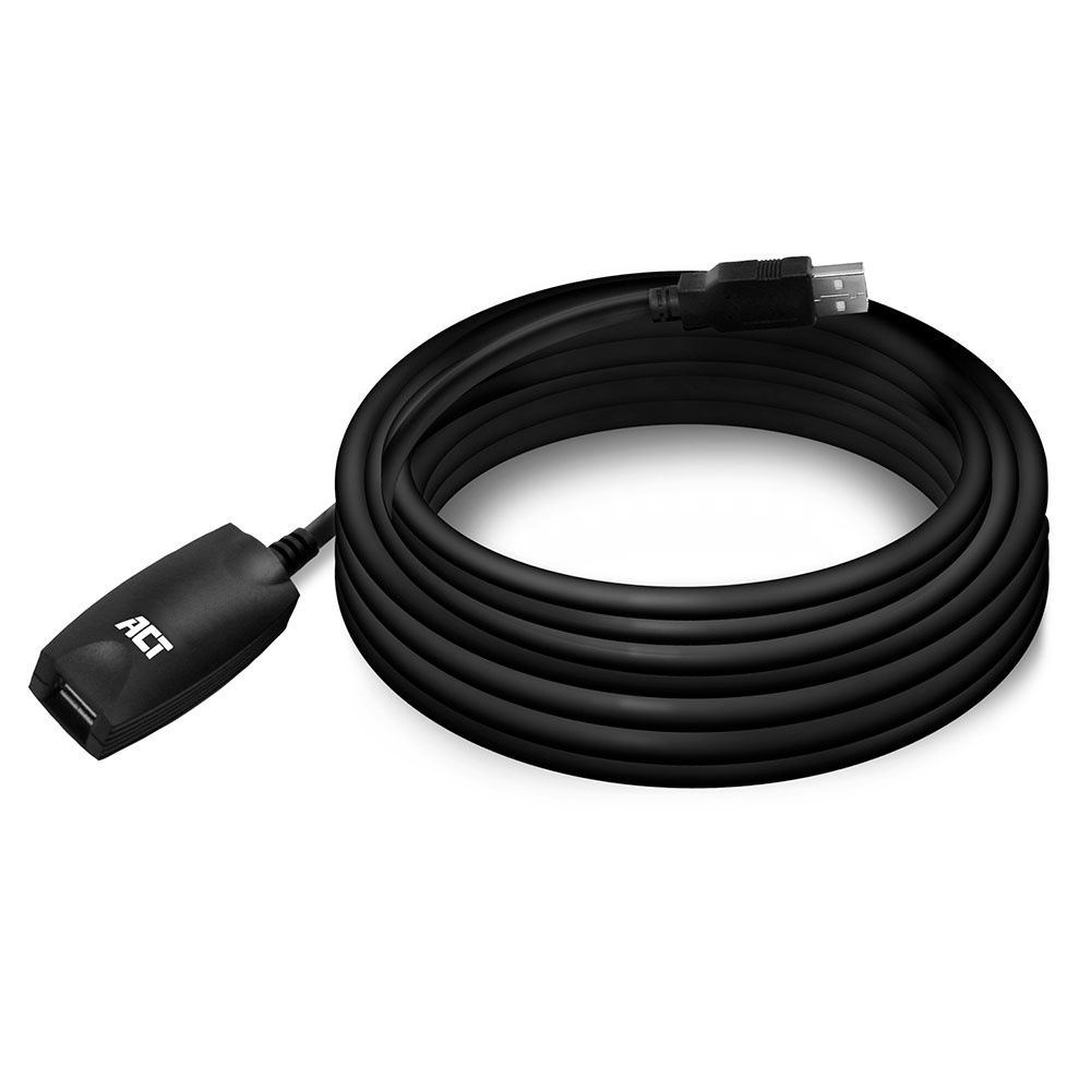 Câble d'extension USB noir enroulé, avec des connecteurs noirs et un connecteur de marque ACT noir.