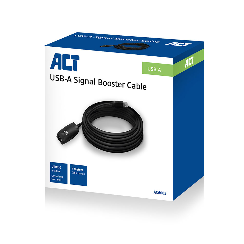 Boîte rectangulaire pour câble amplificateur de signal USB-A, avec câble noir enroulé à l'intérieur.