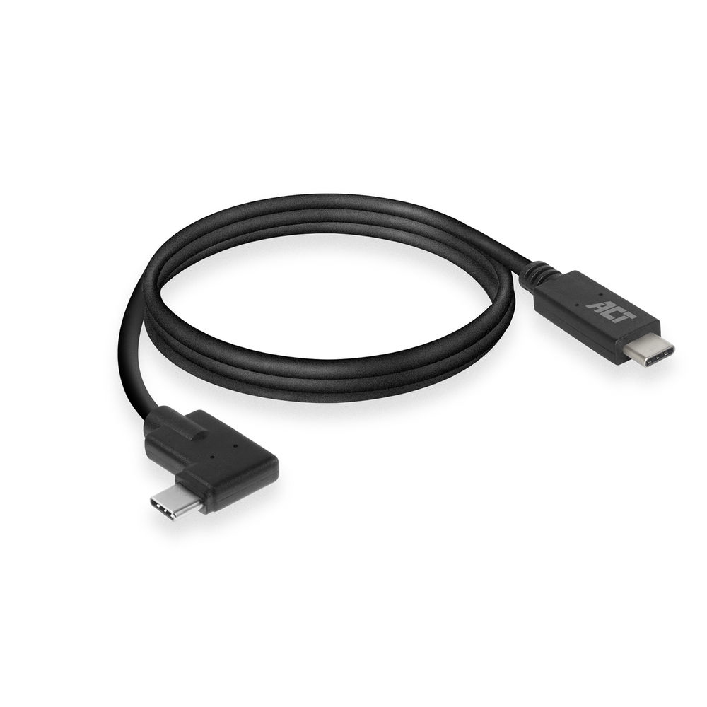 Zwarte USB-C kabel met een schuine connector aan één kant en recht aan de andere kant.