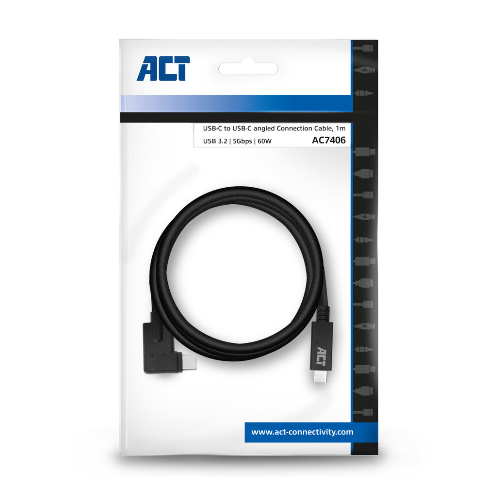 Een zwarte USB-C naar USB-C haakse verbindingskabel in een witte verpakking.