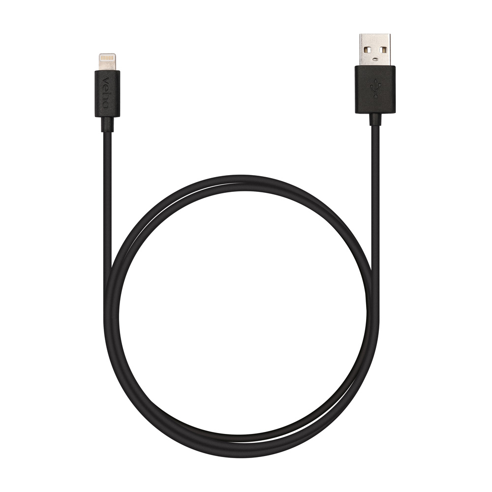 Un cavo nero da Lightning a USB, curvo a forma di U, su sfondo bianco.