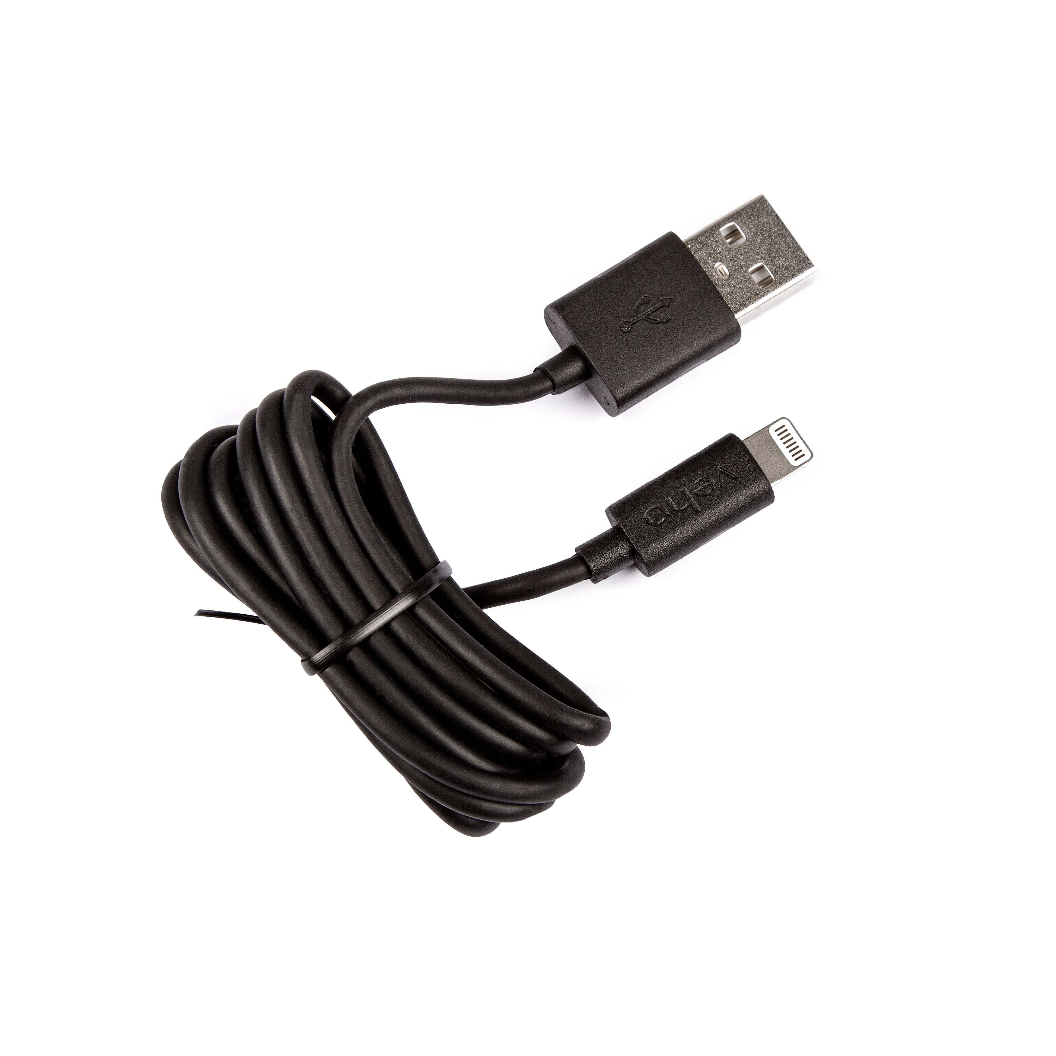 Cavo da USB a Lightning nero, arrotolato, su sfondo bianco, che mostra entrambi i connettori.
