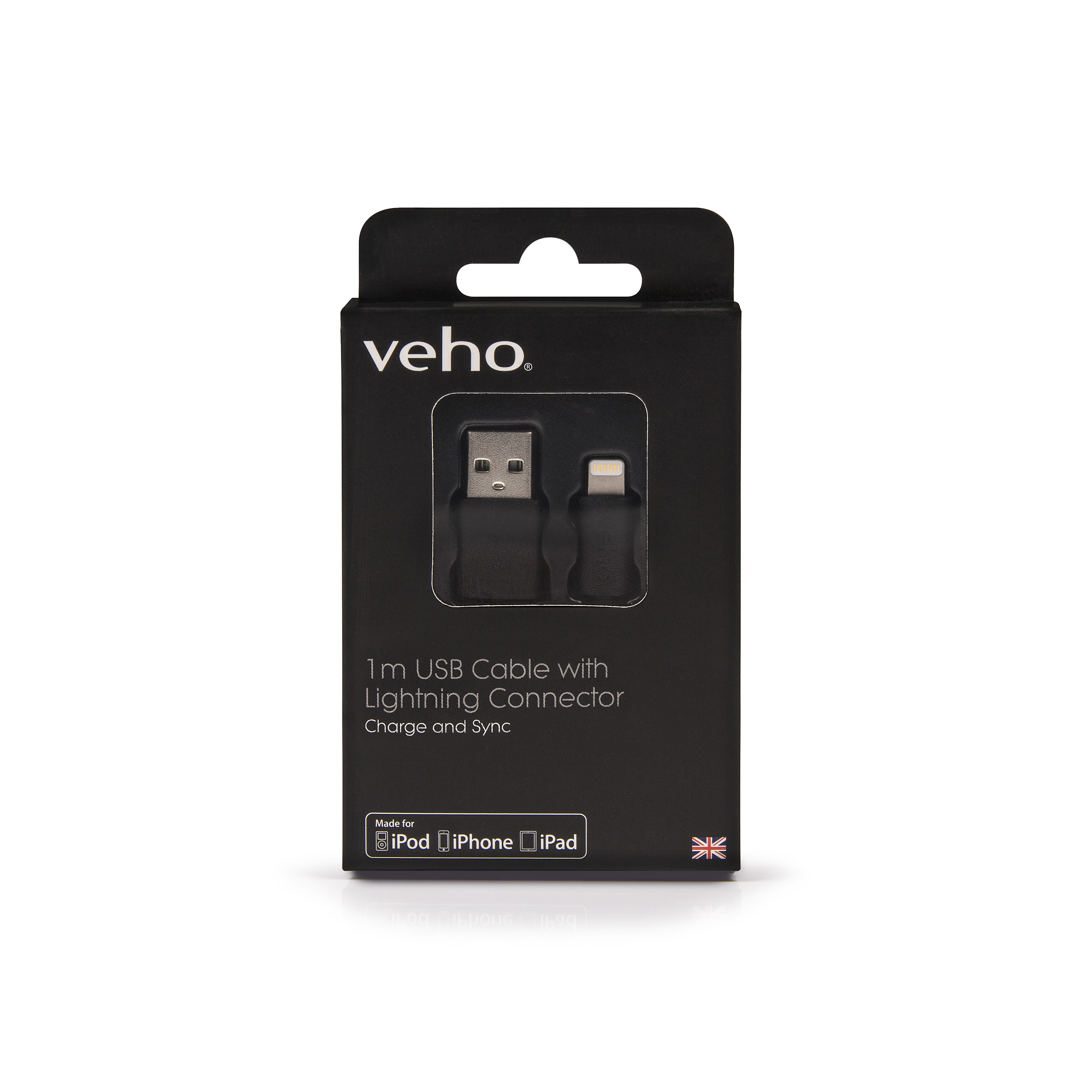 Cavo di ricarica USB nero con connettore Lightning, in una scatola nera con testo e una bandiera.