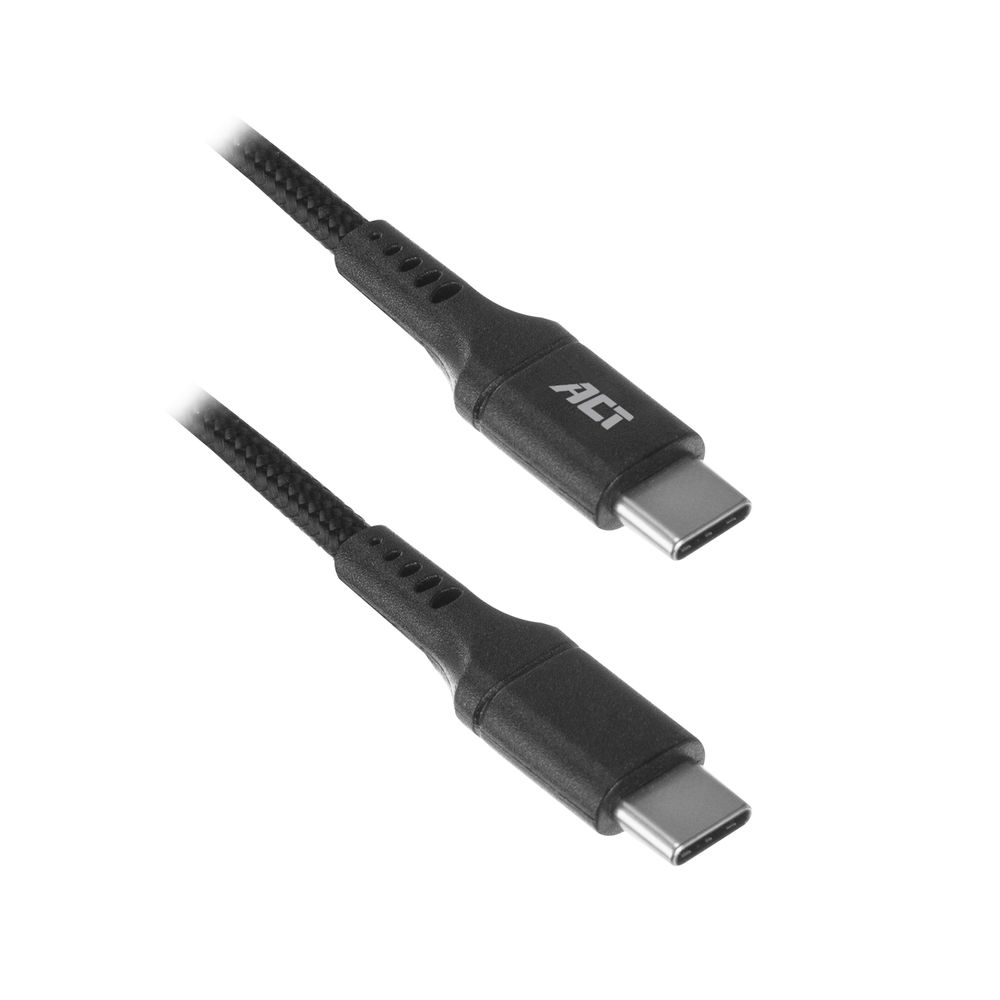Deux câbles USB-C noirs. Les câbles ont une finition texturée et le mot ACT est imprimé.