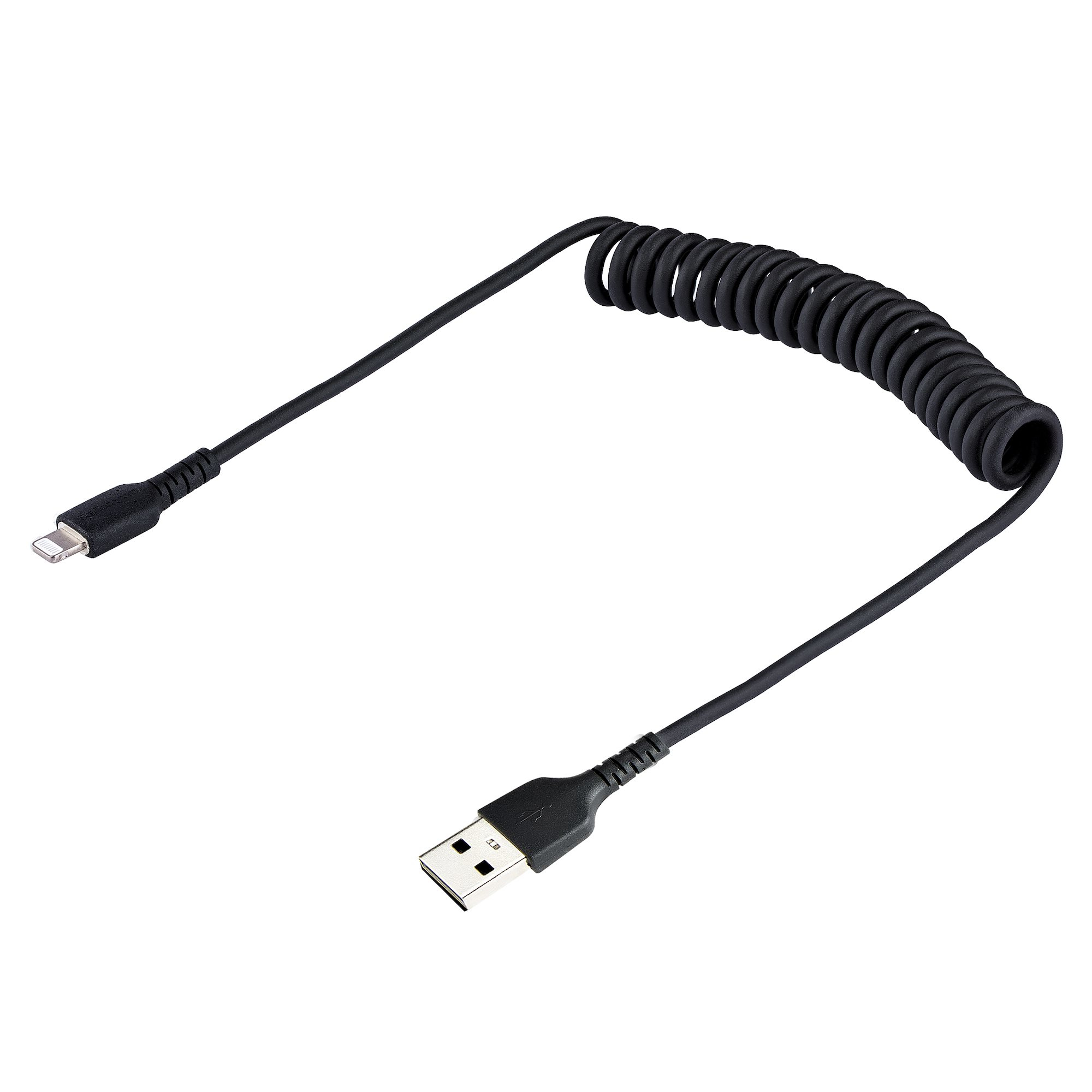 Cavo di ricarica nero a spirale con USB e connettore Lightning a ciascuna estremità.