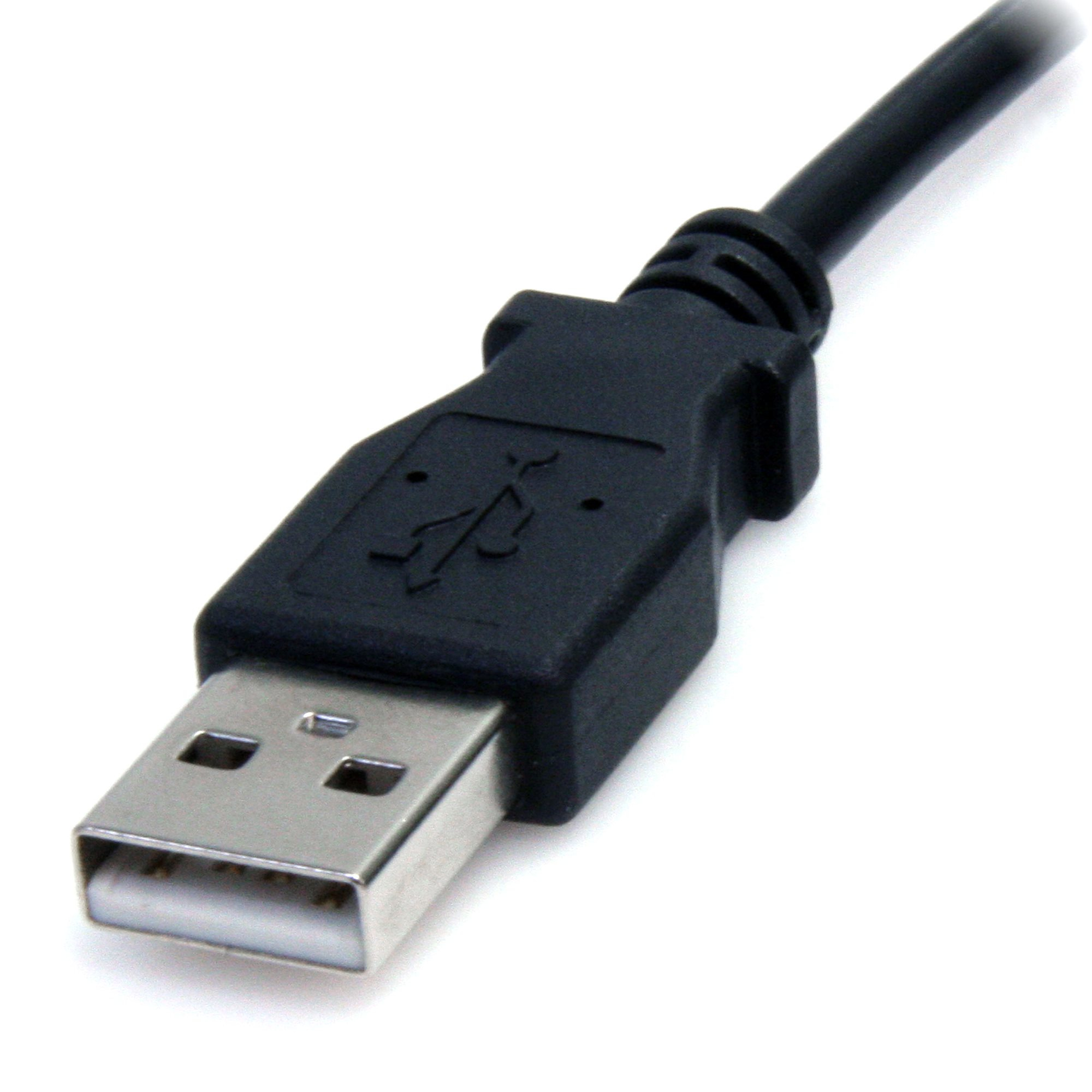 Un cable USB negro con un conector USB. El conector es plateado.