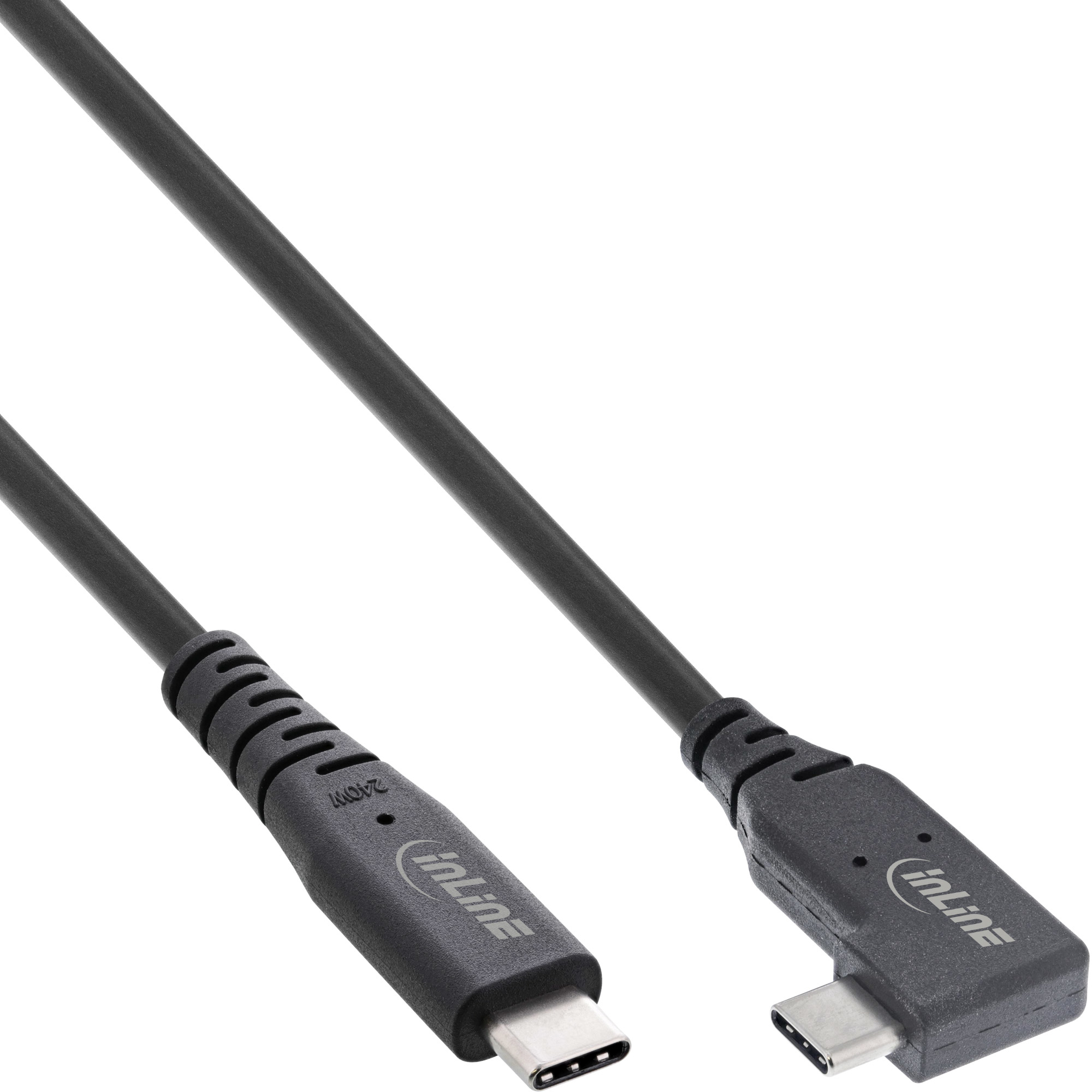 Un câble USB-C noir avec un connecteur coudé.