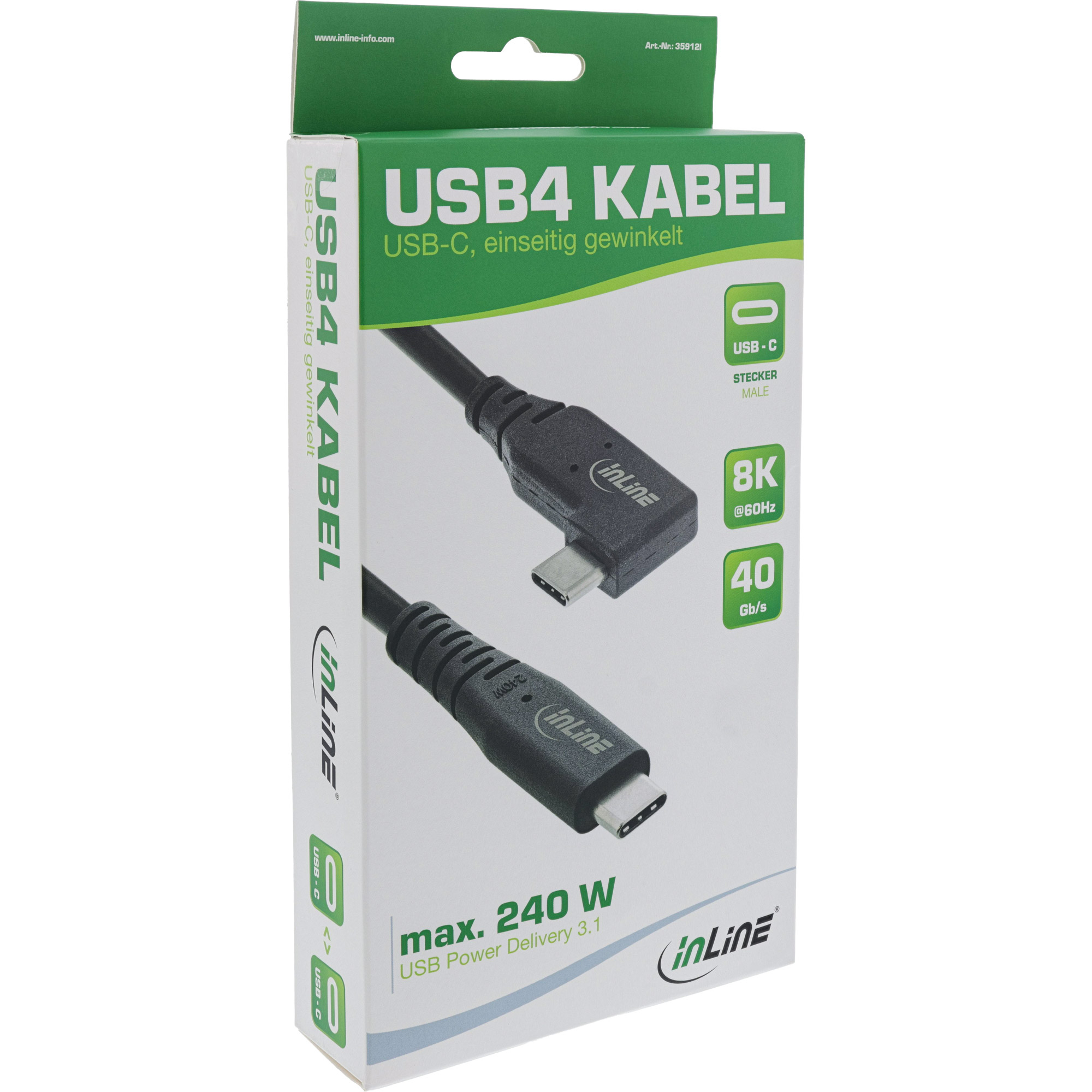 Boîte de câble USB4 avec deux connecteurs. La boîte est marquée Inline.