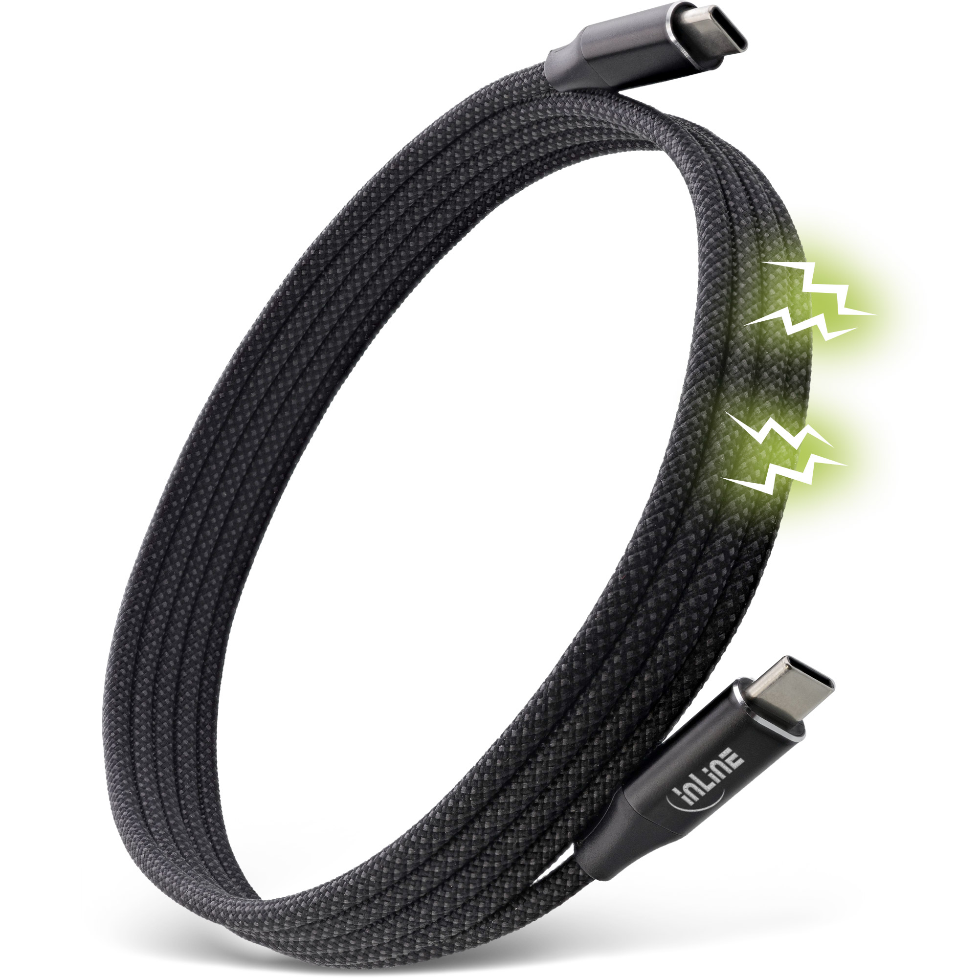 Câble USB-C tressé noir. Des éclairs émanent du câble. Fond blanc.