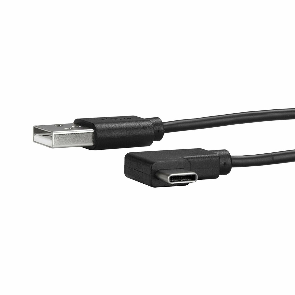 Cavo nero da USB-A a USB-C. Connettore USB-A a sinistra, connettore USB-C angolato a destra.