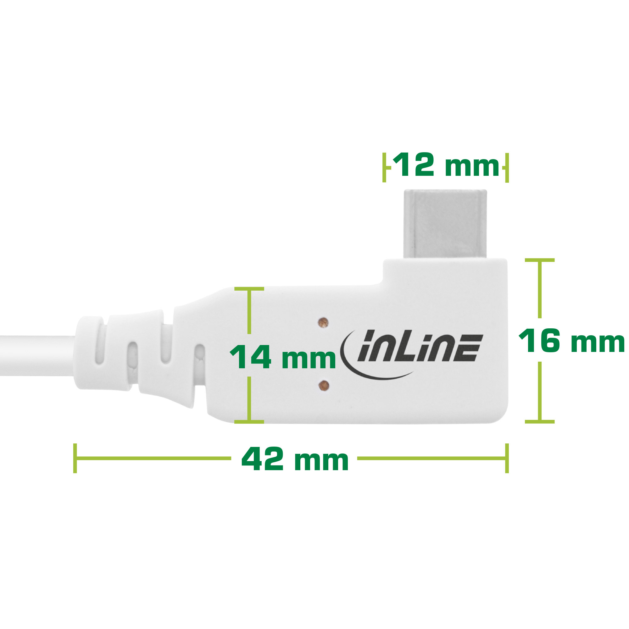 Witte USB-C connector met afmetingen. Het merk is Inline.
