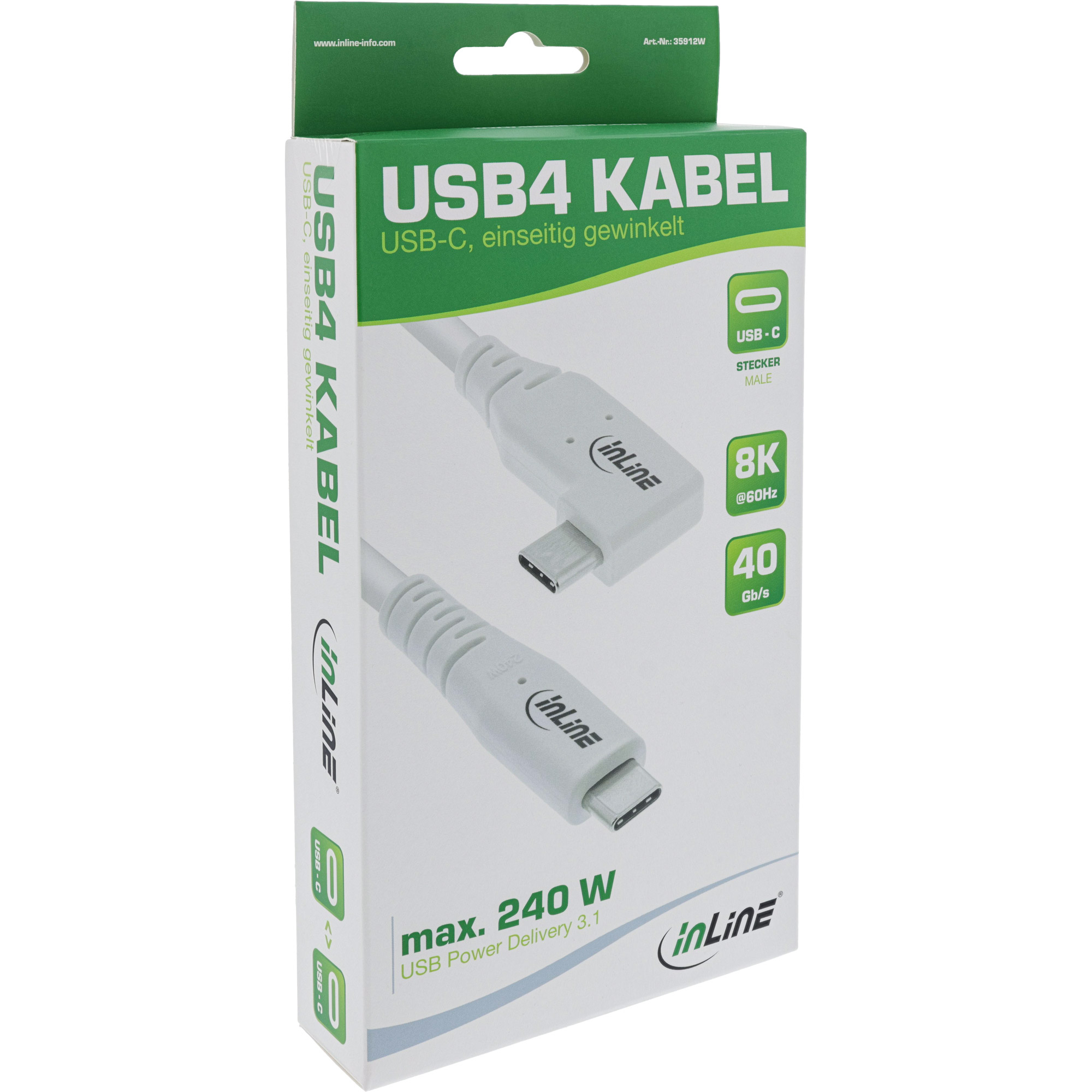 Doos met USB-C kabel. Witte kabel met haakse connector. Kenmerken: 8K, 40 Gb/s, USB Power Delivery 3.1.