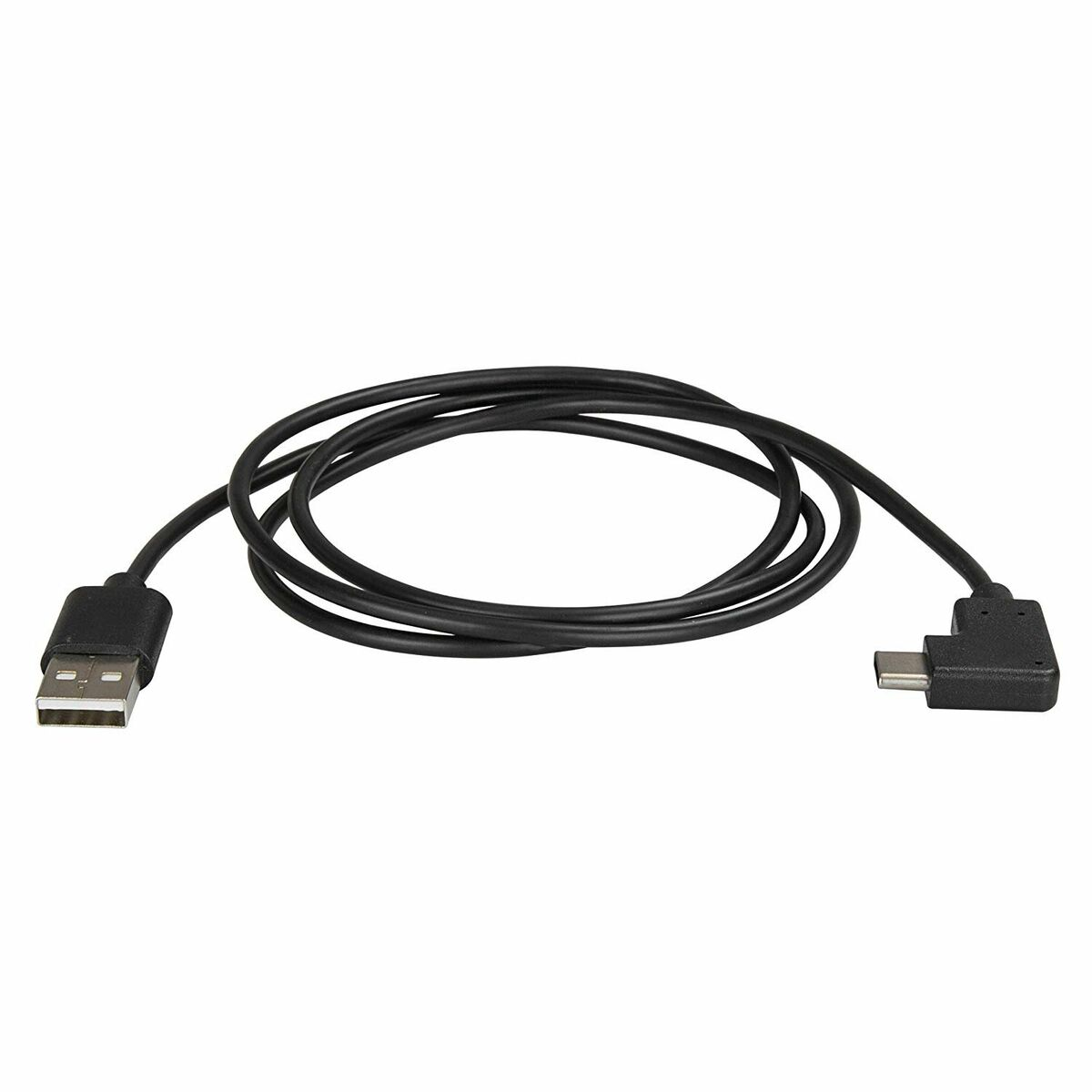 Un cavo USB nero con connettore USB-A e connettore micro USB ad angolo retto.