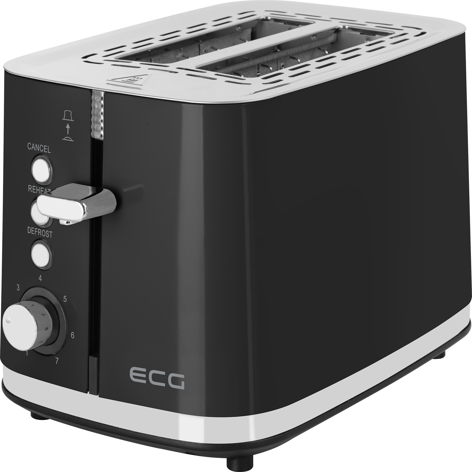 Ein schwarz-weißer Toaster mit silbernem Hebel und Drehknopf.