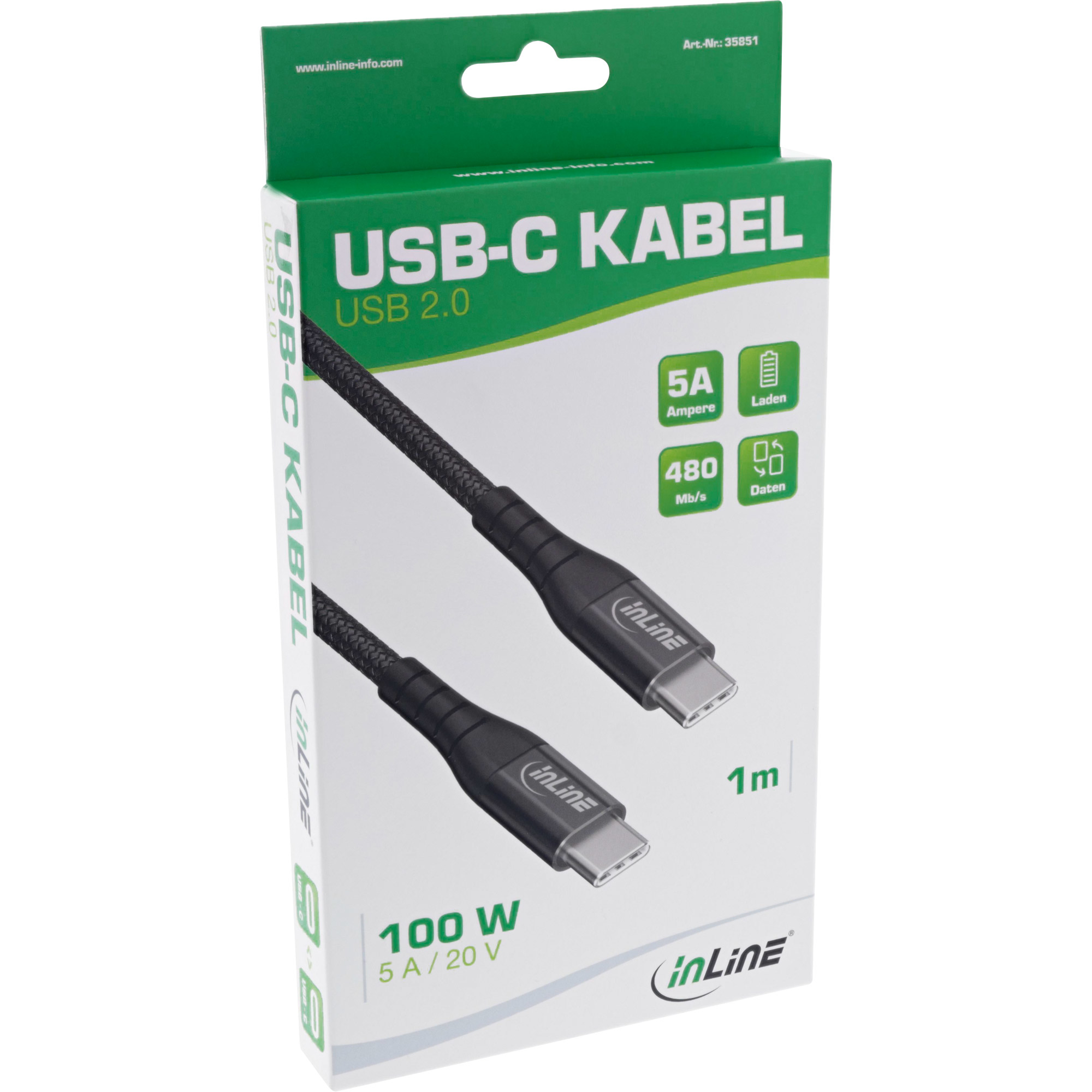 Boîte de câble USB-C, câble noir, texte blanc, dit USB-C KABEL, 100W, 5A/20V, 1m.