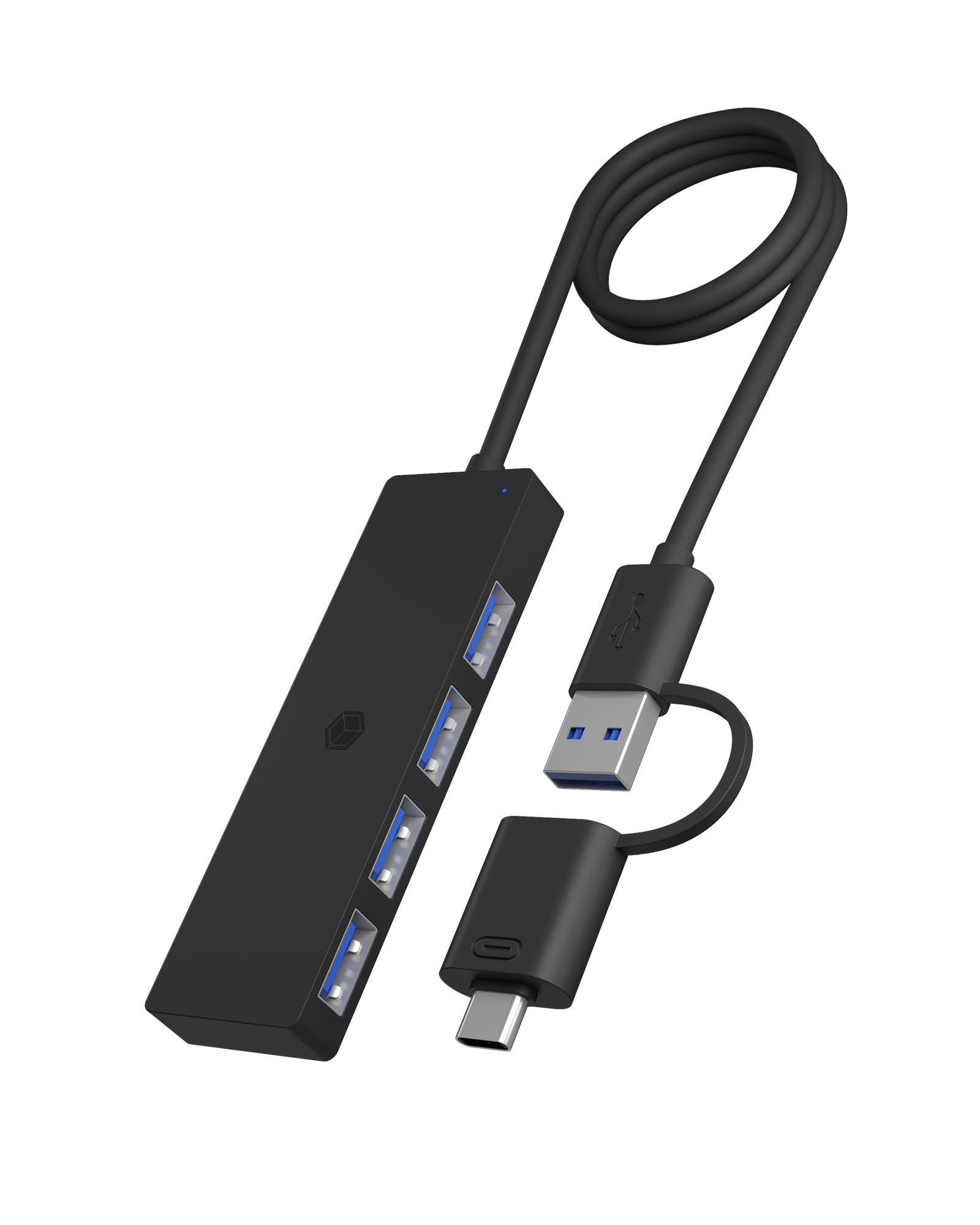 Hub USB nero con quattro porte, cavo USB-A e connettore USB-C.